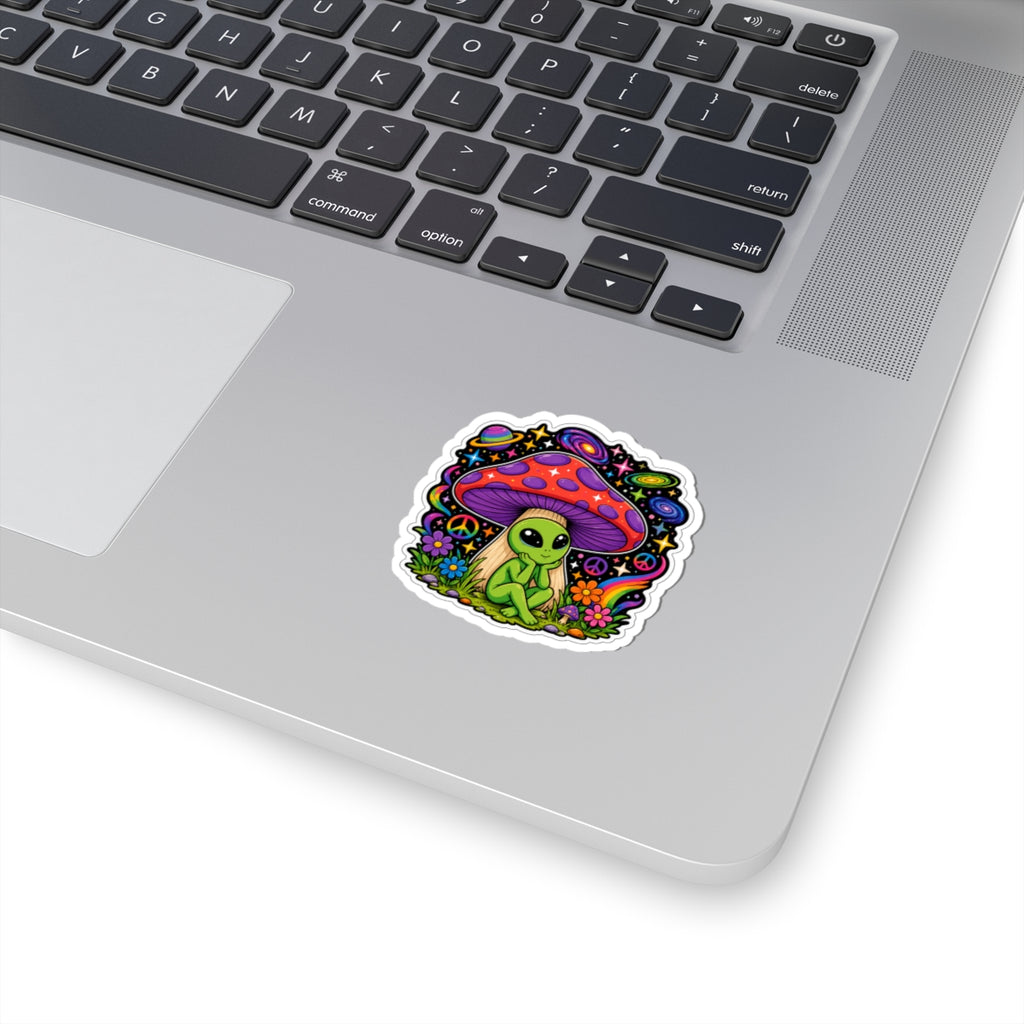 Psychedelic Alien Mushroom Sticker — Cute Retro Space & Peace Sign Kiss-Cut Decal
