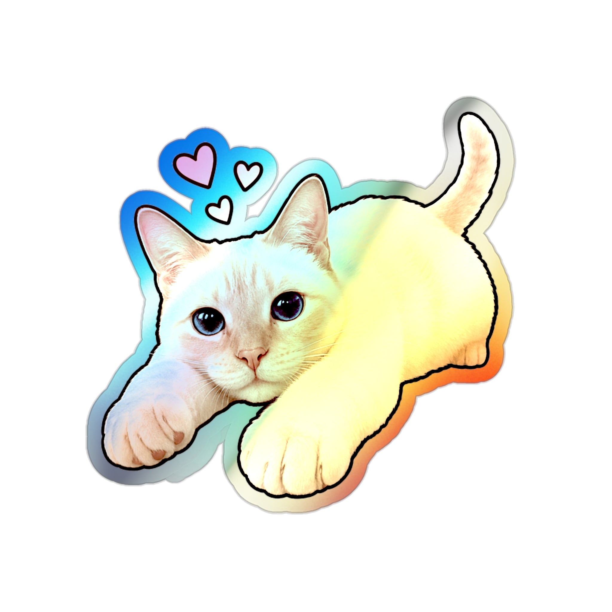 Holographic Cat Die-Cut Sticker — Cute Siamese Kitten with Hearts