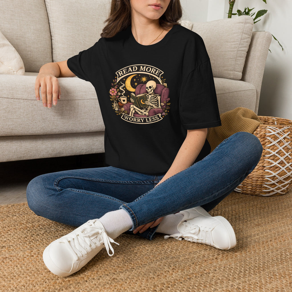 Read More, Worry Less T-Shirt — Skeleton Reading Graphic Tee
