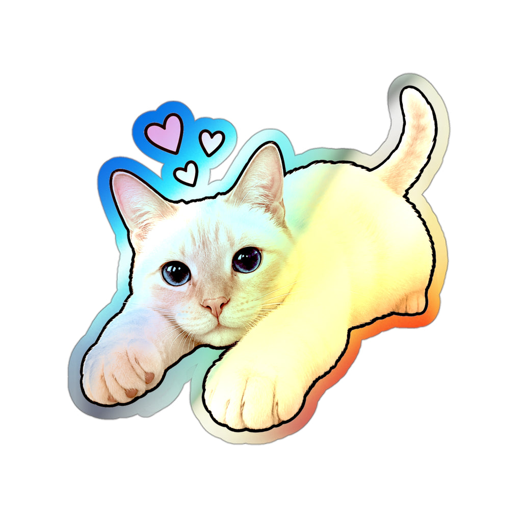 Holographic Cat Die-Cut Sticker — Cute Siamese Kitten with Hearts