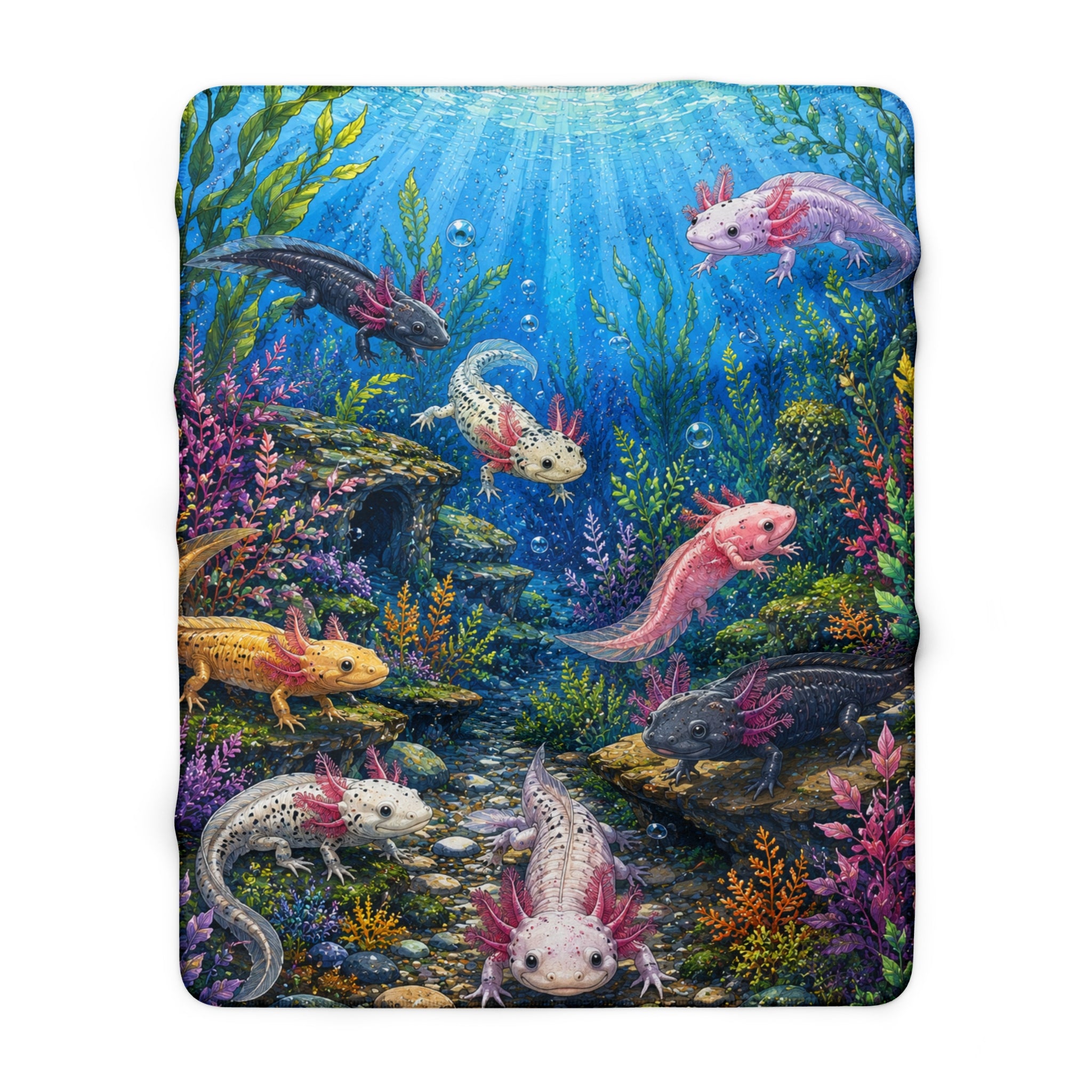 Axolotl Underwater Sherpa Blanket — Colorful Aquatic Creature Fleece Throw