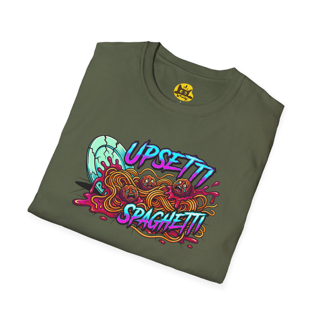 Upsetti Spaghetti T-Shirt — Funny Cartoon Spilled Pasta Graphic Tee