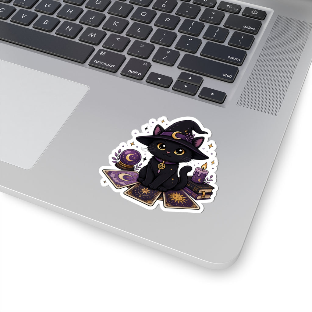 Witch Cat Tarot Sticker — Cute Black Cat Witch Kiss-Cut Sticker