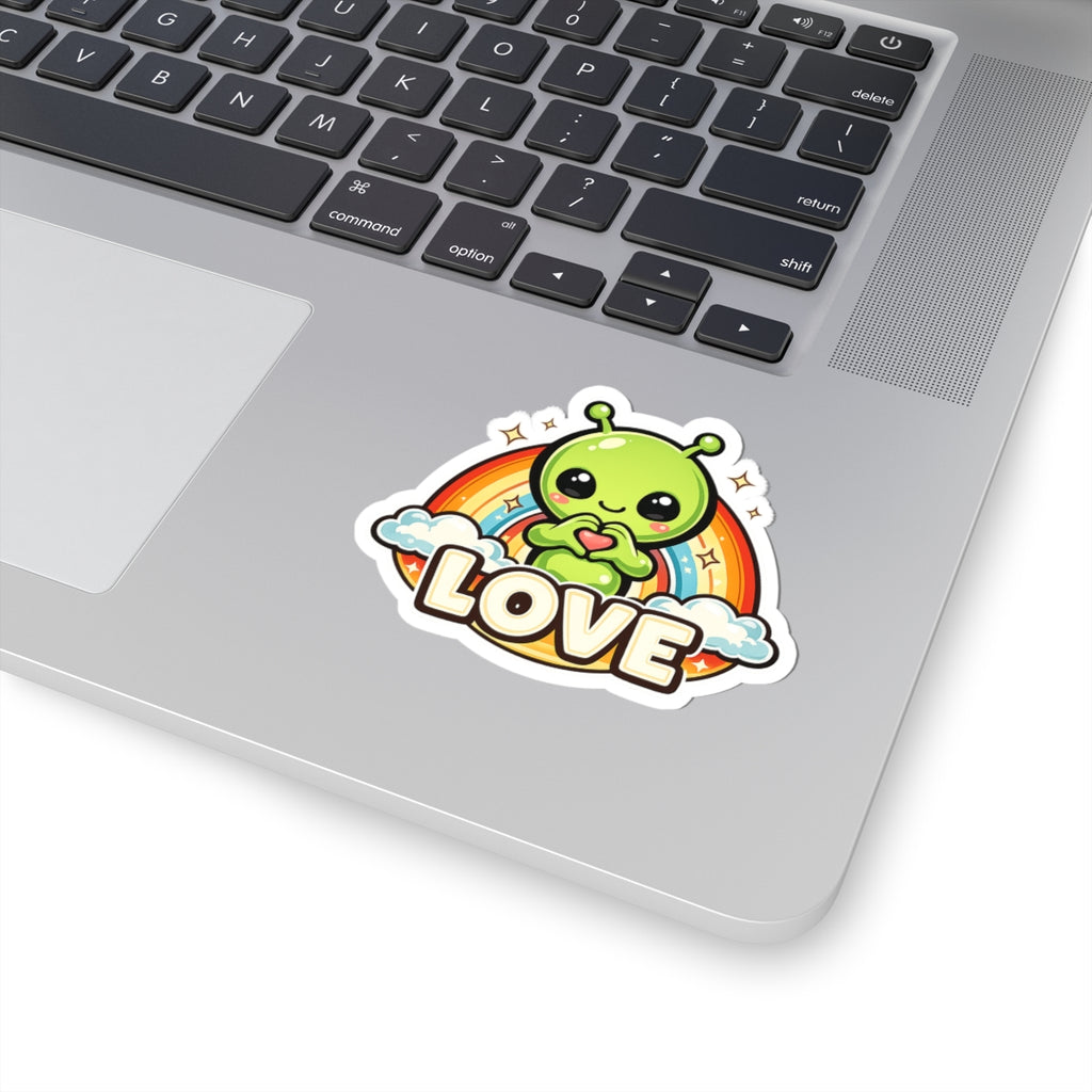 Cute Alien 'Love' Kiss-Cut Sticker – Rainbow Heart Laptop Decal
