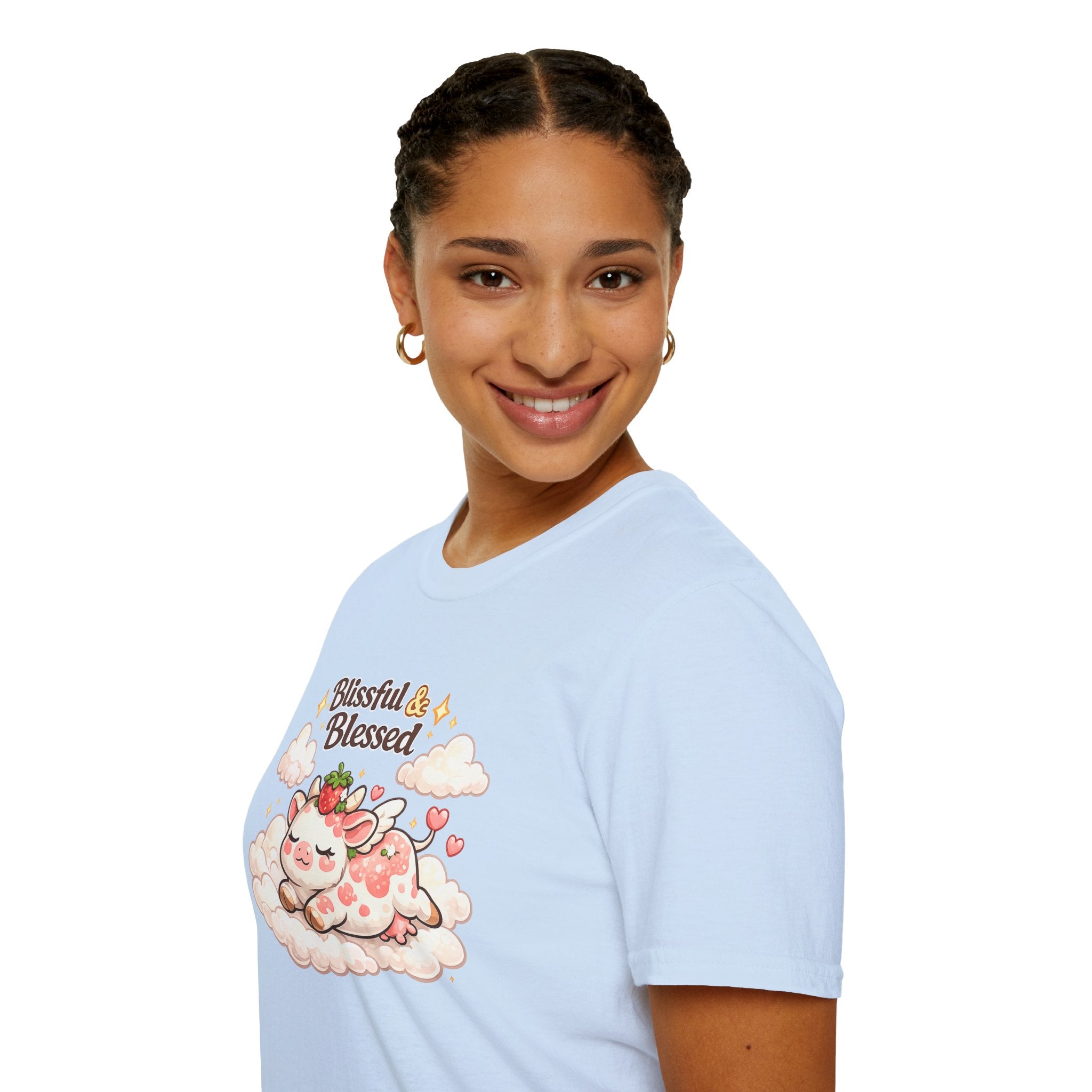 Blissful & Blessed Cute Strawberry Cow T-Shirt — Cozy Gift Tee