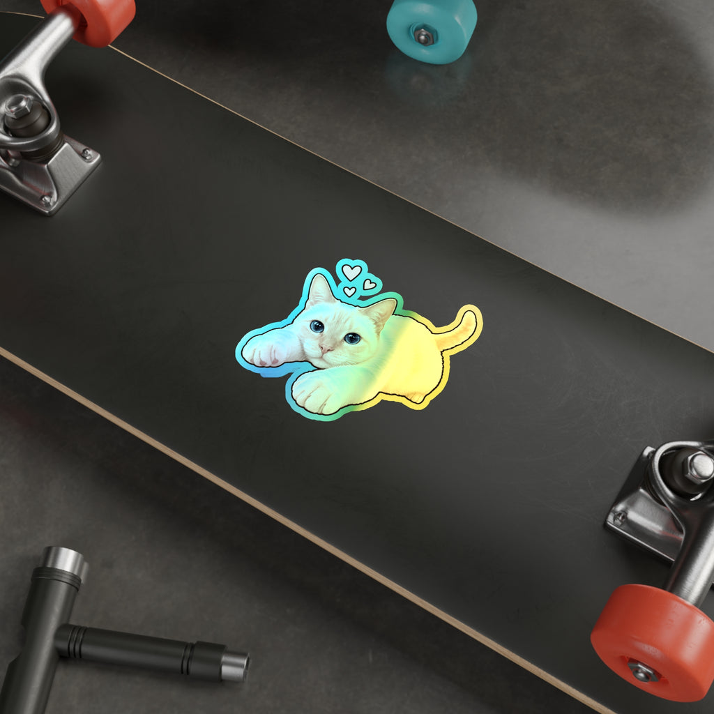 Holographic Cat Die-Cut Sticker — Cute Siamese Kitten with Hearts