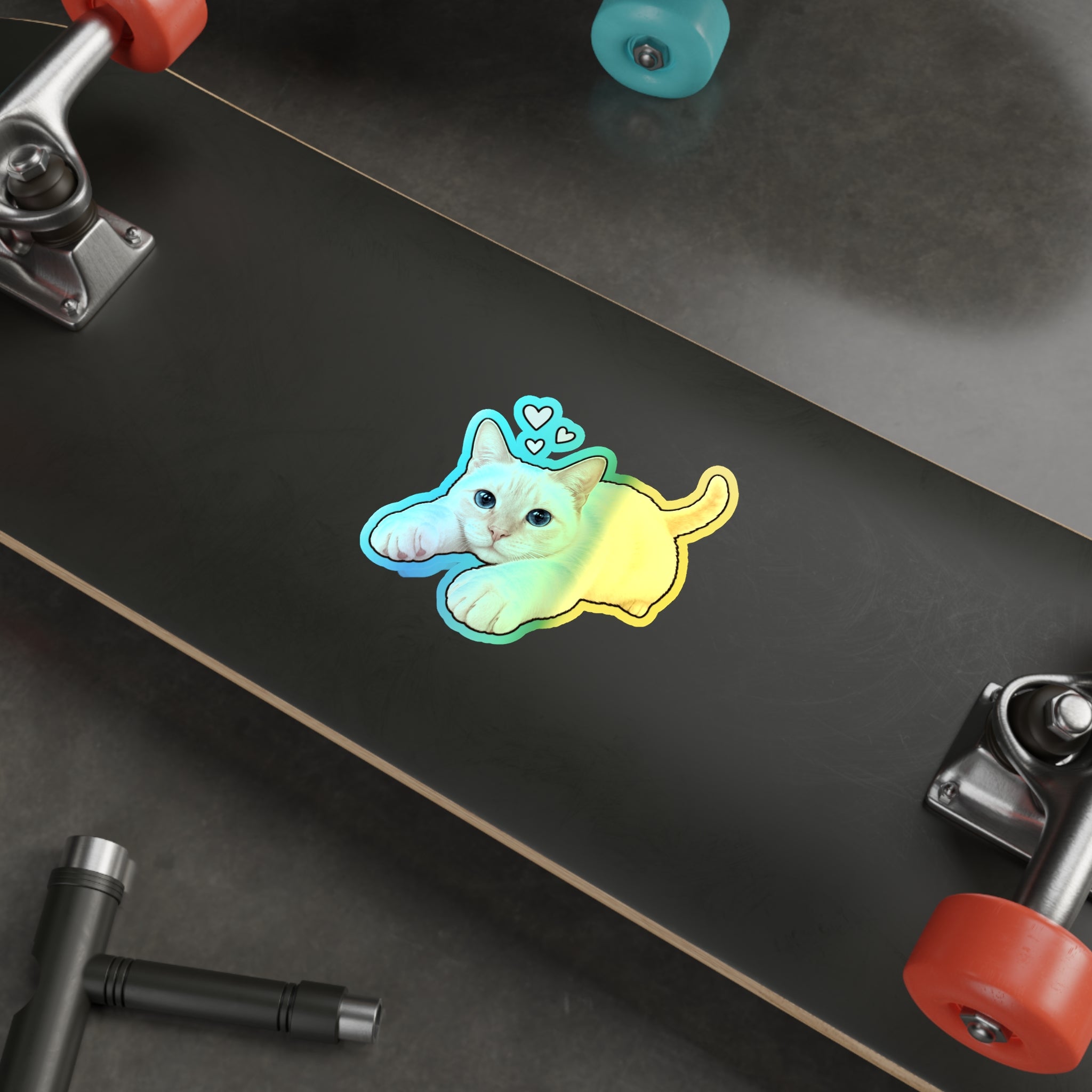 Holographic Cat Die-Cut Sticker — Cute Siamese Kitten with Hearts