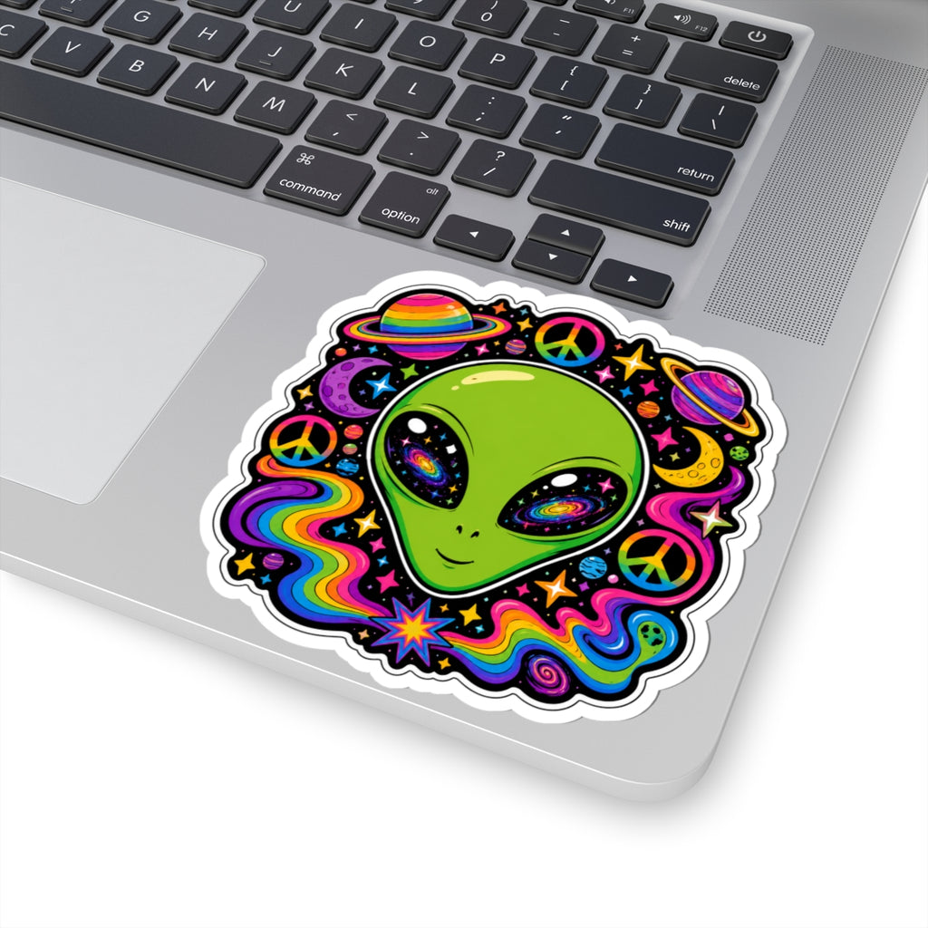 Psychedelic Alien Sticker — Retro Rainbow Peace Space Kiss-Cut Sticker
