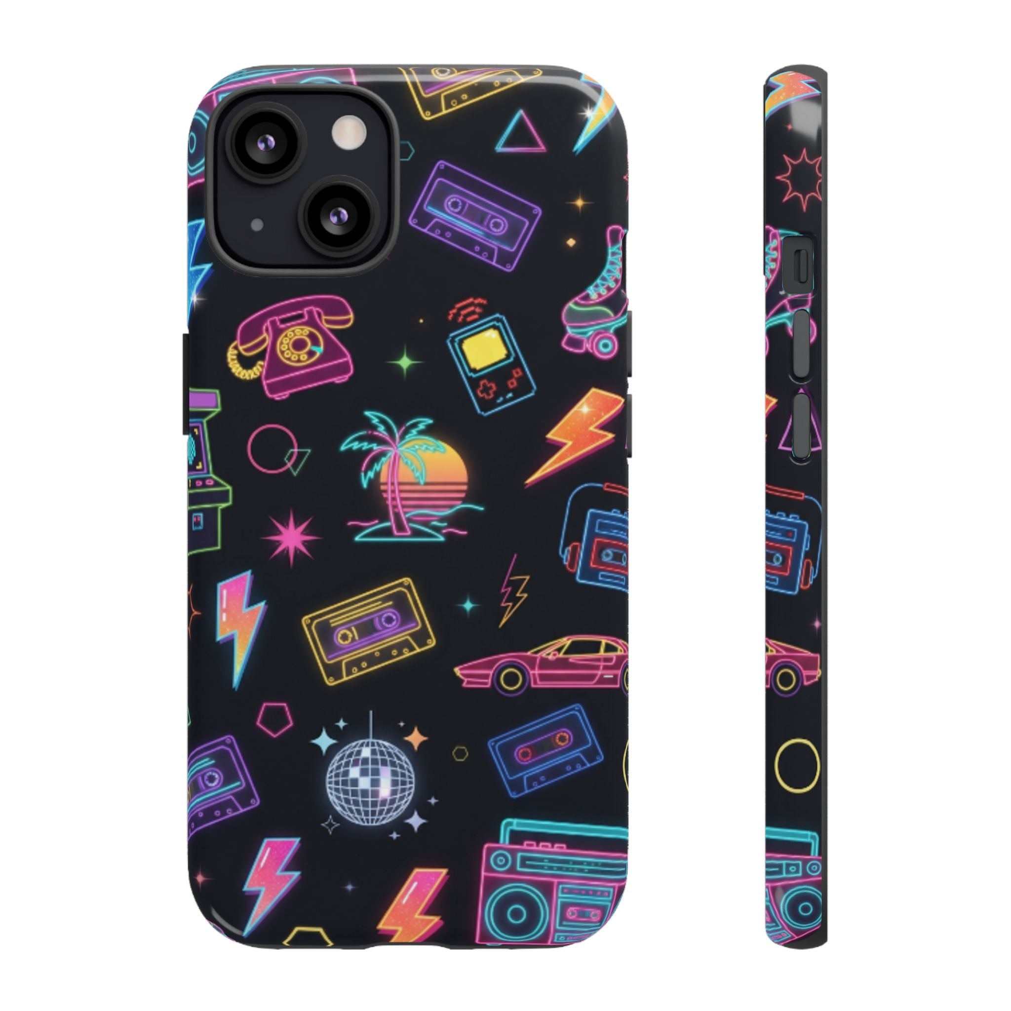 Retro Neon 80s Phone Case — Cassette, Roller Skate & Palm Tree Pattern