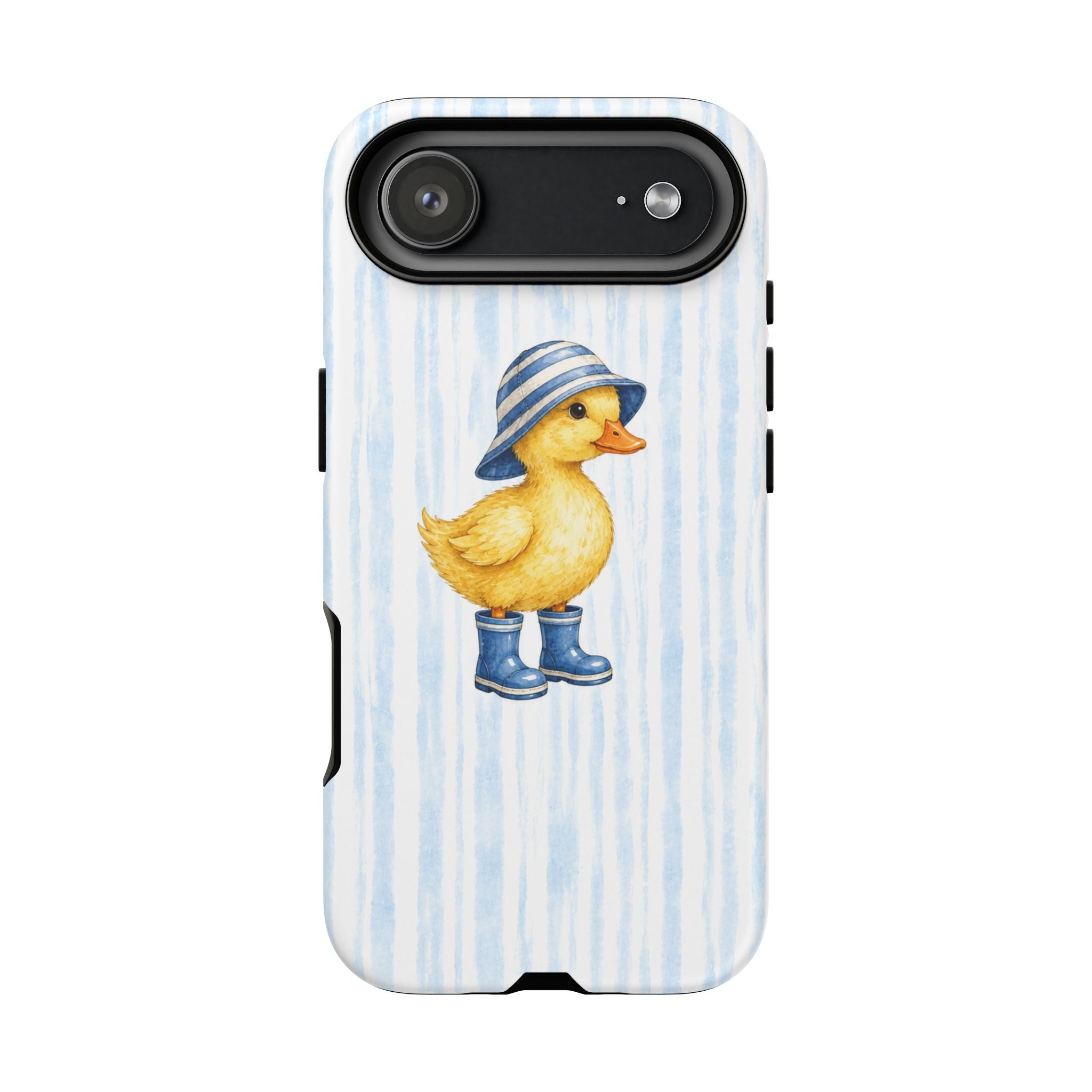 Cute Duckling Phone Case – Baby Blue Stripes with Duck in Hat & Boots