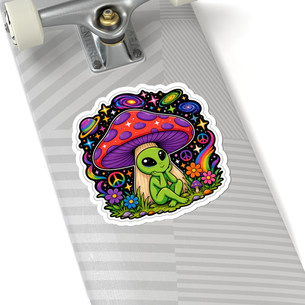 Psychedelic Alien Mushroom Sticker — Cute Retro Space & Peace Sign Kiss-Cut Decal