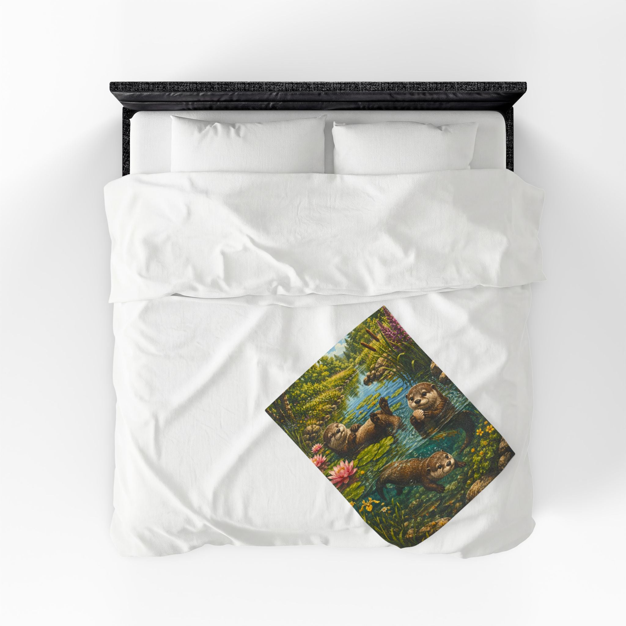 Otter Pond Velveteen Plush Blanket — Cozy Floral River Animal Throw