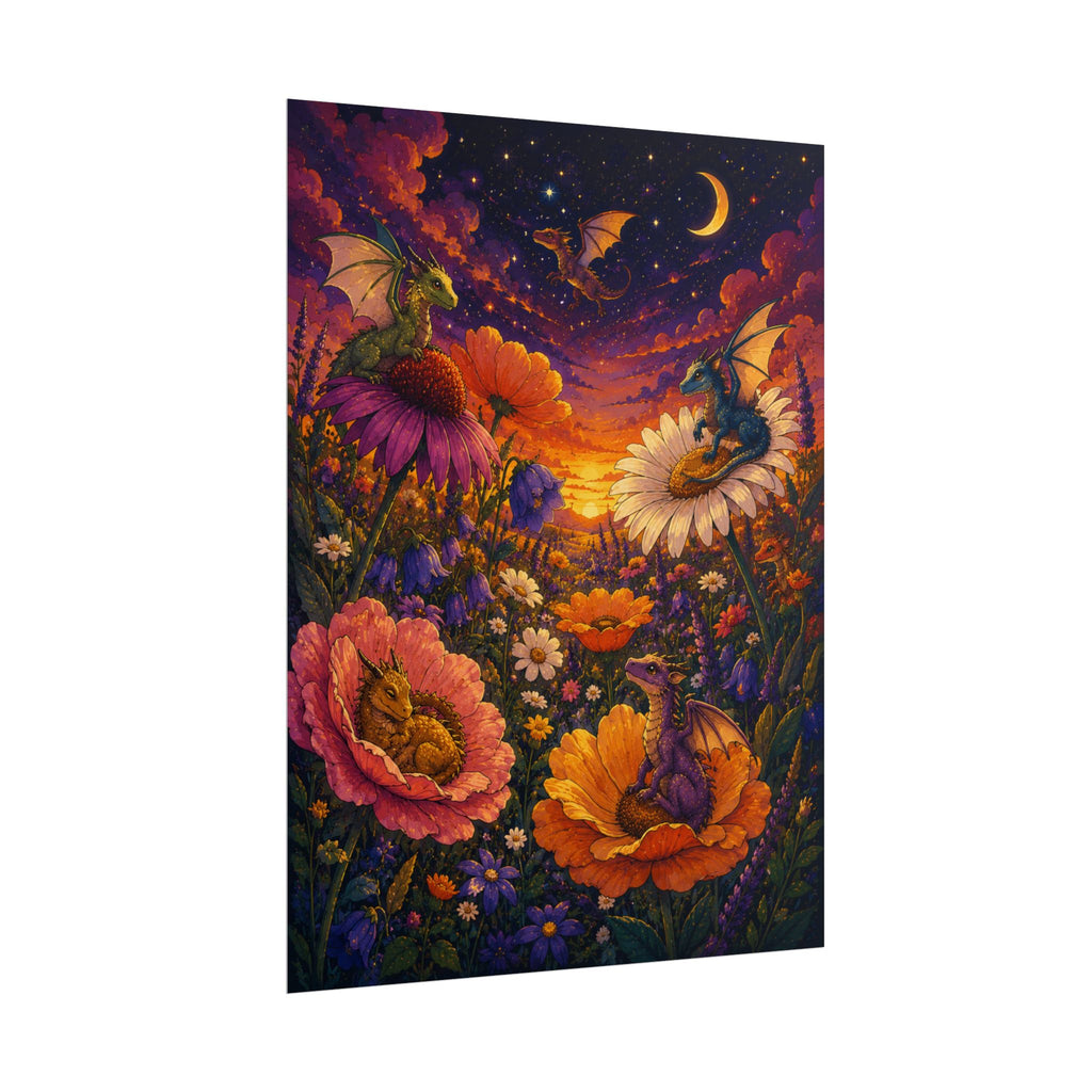 Fantasy Dragon Garden Poster — Whimsical Night Sky Floral Art Print (Rolled)