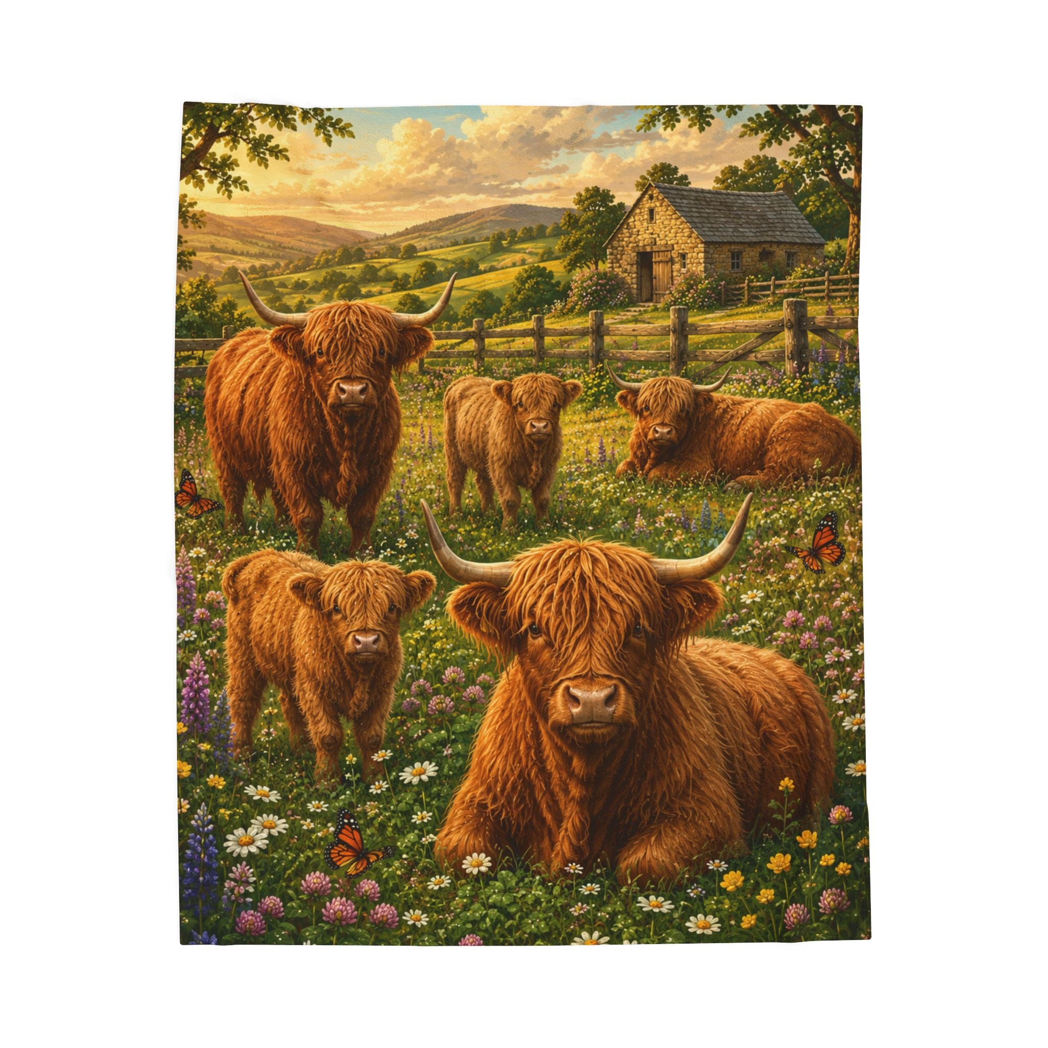 Highland Cattle Velveteen Plush Blanket — Cozy Farmhouse Throw with Highland Cow Family Design