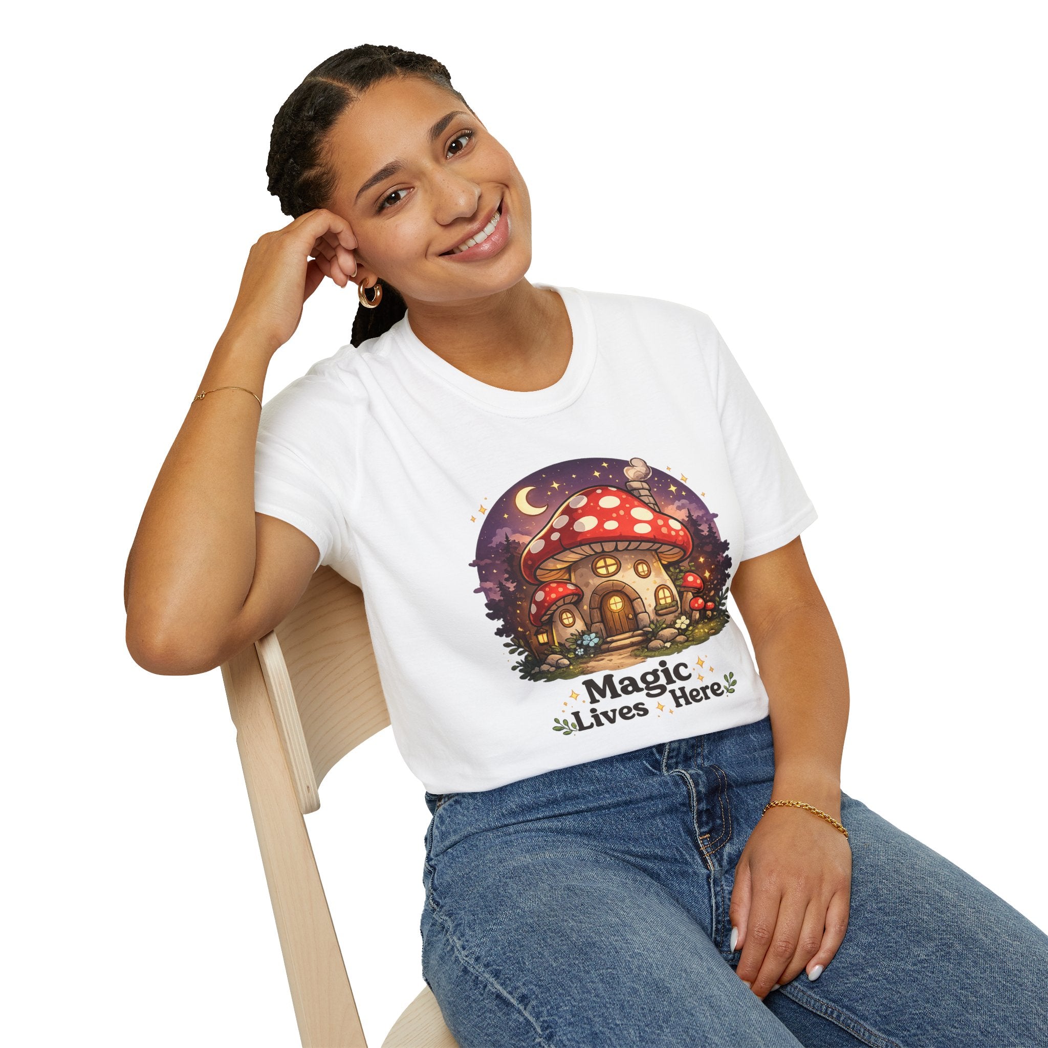 Mushroom Cottage T-Shirt — "Magic Lives Here" Whimsical Fairycore Tee