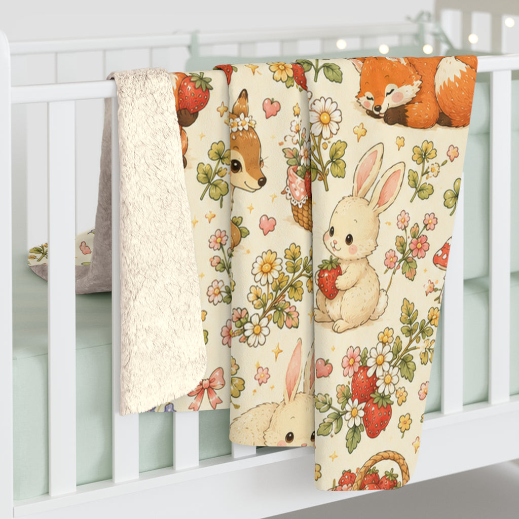 Strawberry Picnic Woodland Friends Sherpa Blanket