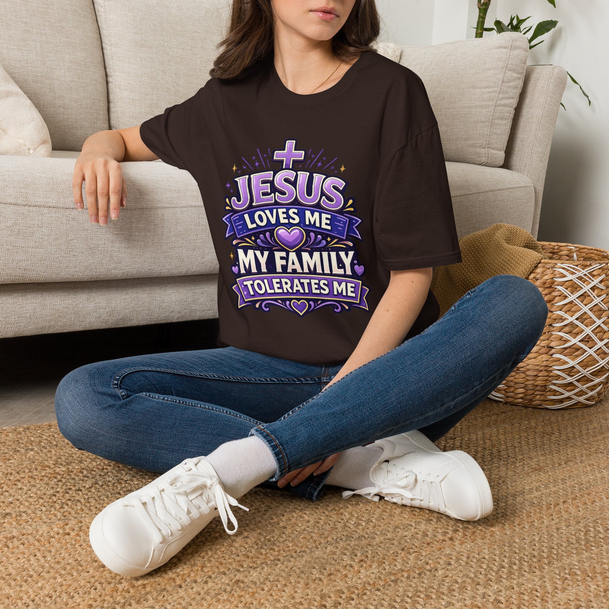 Christian T-Shirt — "Jesus Loves Me, My Family Tolerates Me" Graphic Tee