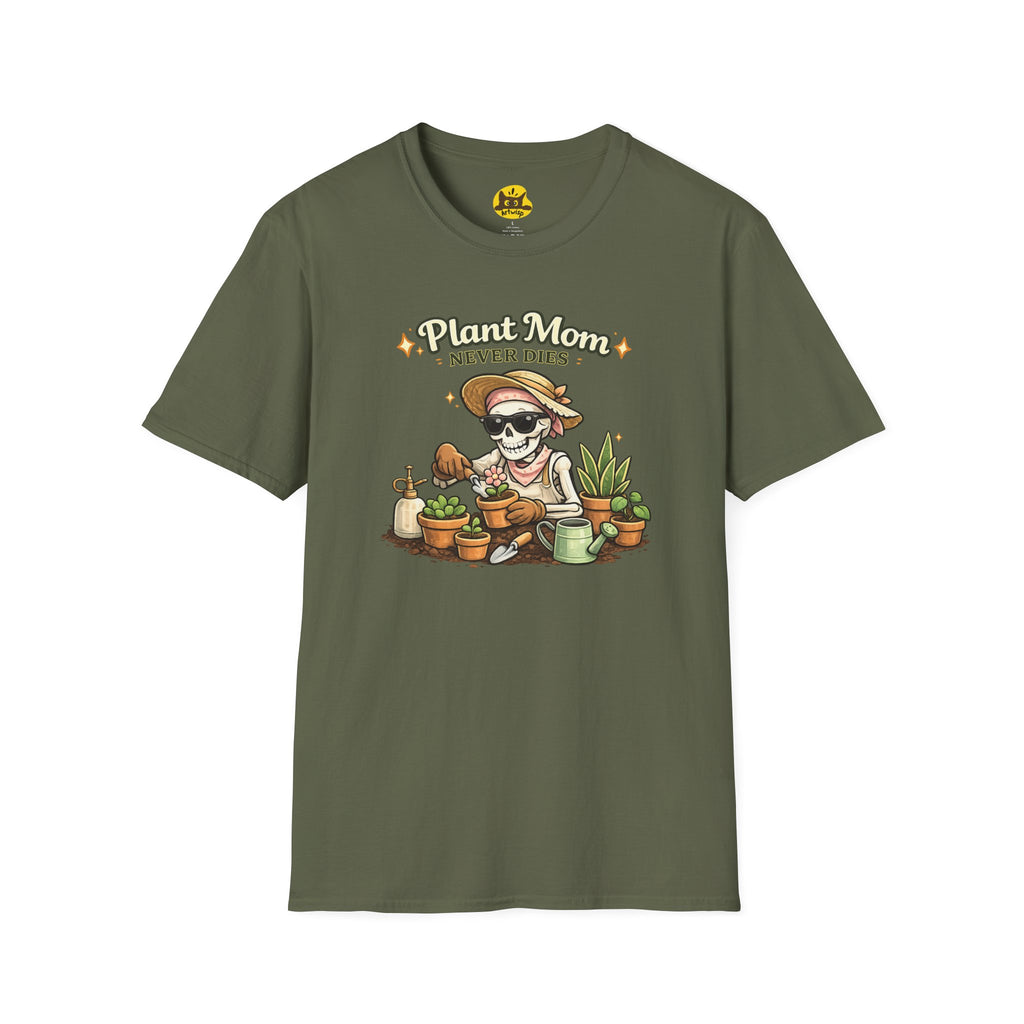 Plant Mom T-Shirt — "Plant Mom Never Dies" Skeleton Gardener Tee