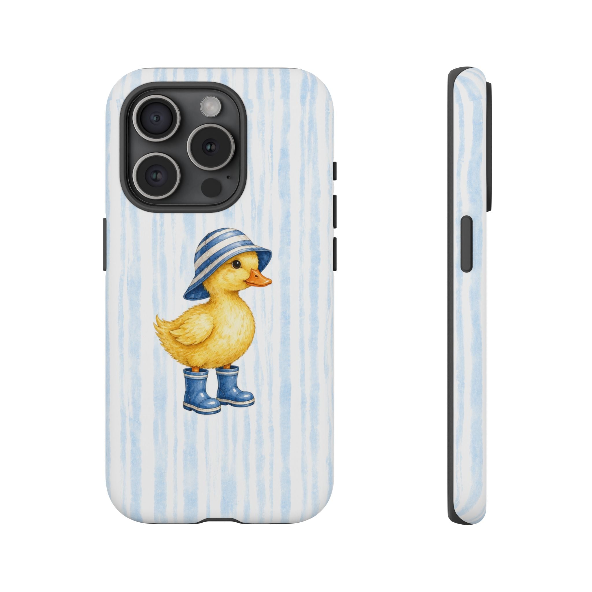 Cute Duckling Phone Case – Baby Blue Stripes with Duck in Hat & Boots