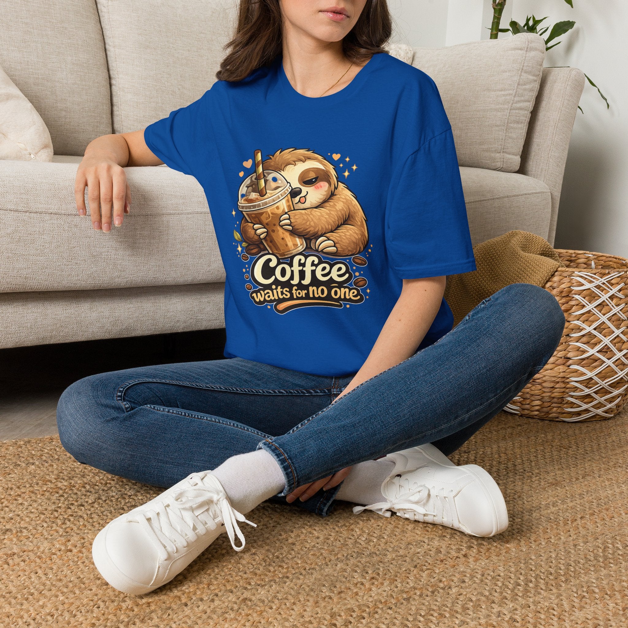 Cute Sloth Hugging Iced Coffee "Coffee Waits For No One" — Coffee Sloth T‑Shirt Gift