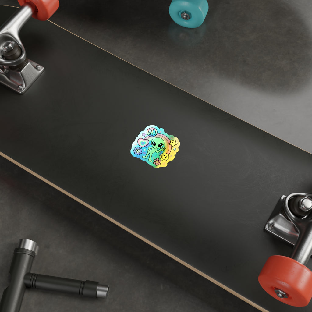 Holographic Alien Peace Sticker — Rainbow Psychedelic Die-Cut Sticker #03