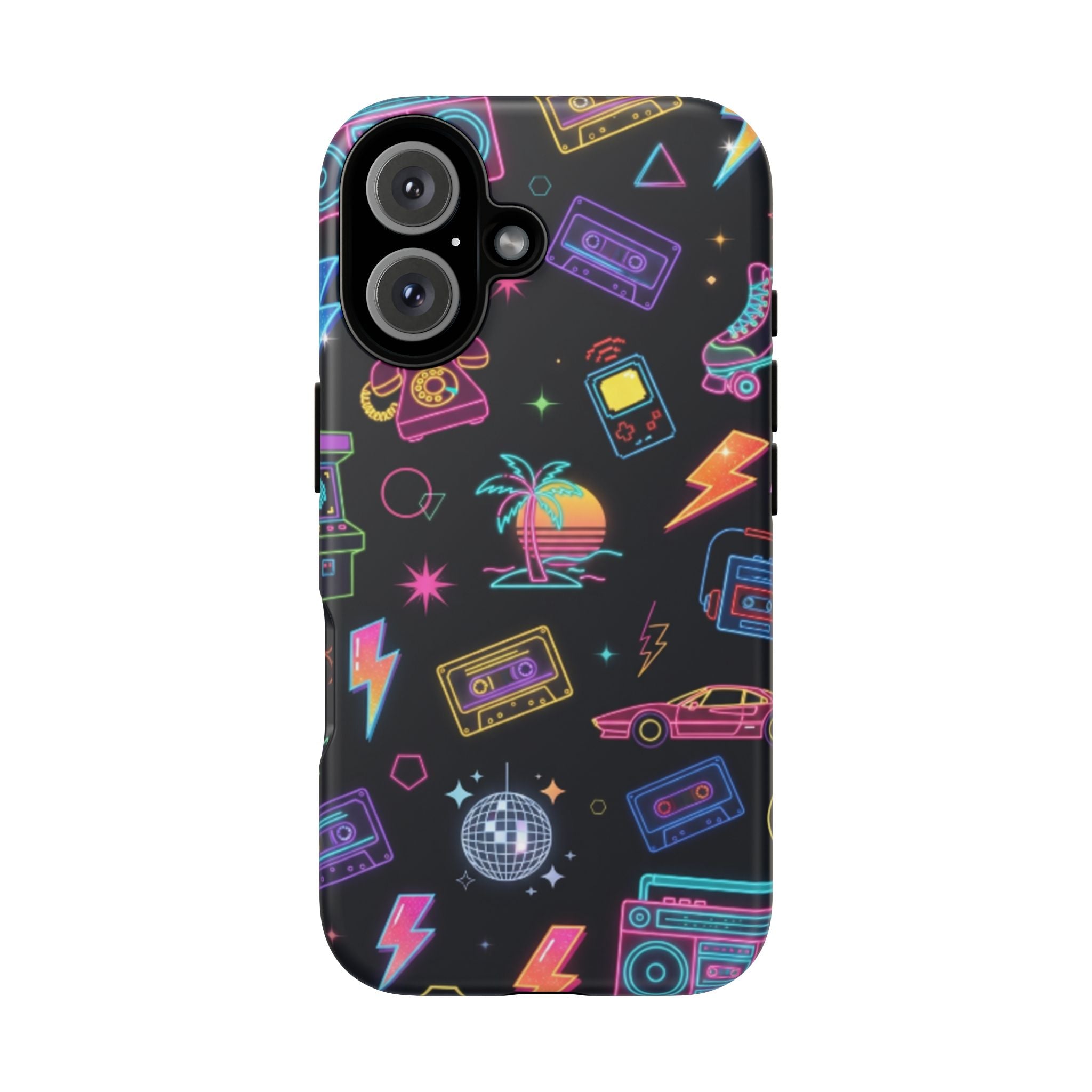 Retro Neon 80s Phone Case — Cassette, Roller Skate & Palm Tree Pattern