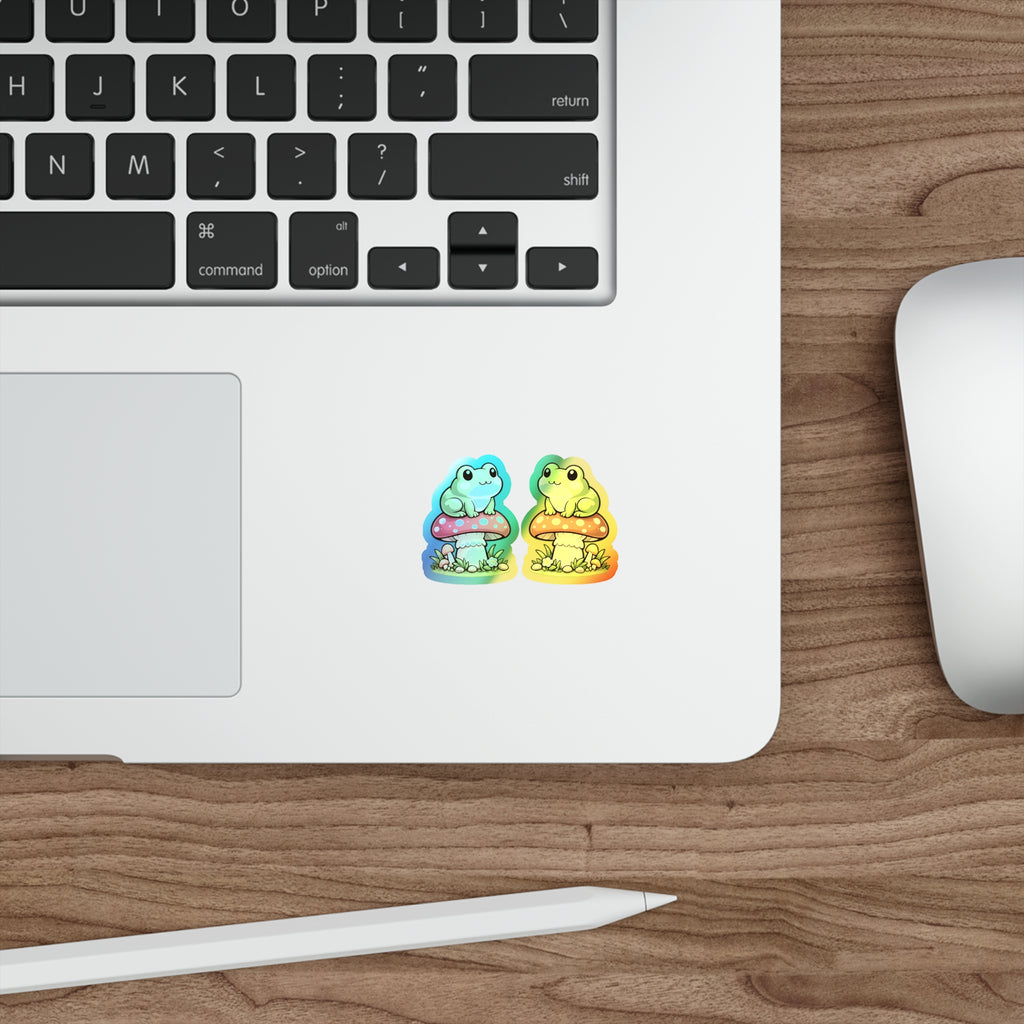 Holographic Frog on Mushroom Die-Cut Sticker — Cute Kawaii Vinyl Decal