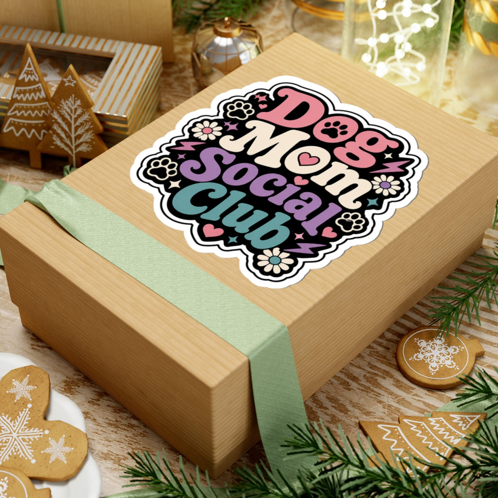 Dog Mom Social Club Sticker — Retro Floral Paw Print Kiss-Cut Sticker