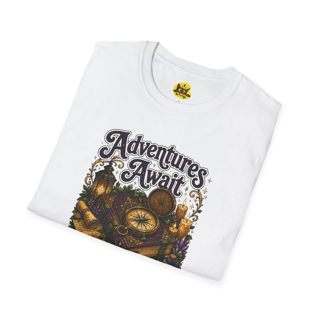 T-Shirt — "Adventures Await" Compass & Candle Travel Graphic