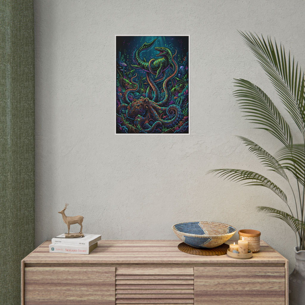 Underwater Showdown Neon Pop Art Poster — Mosasaur vs. Giant Kraken Rolled Art Print
