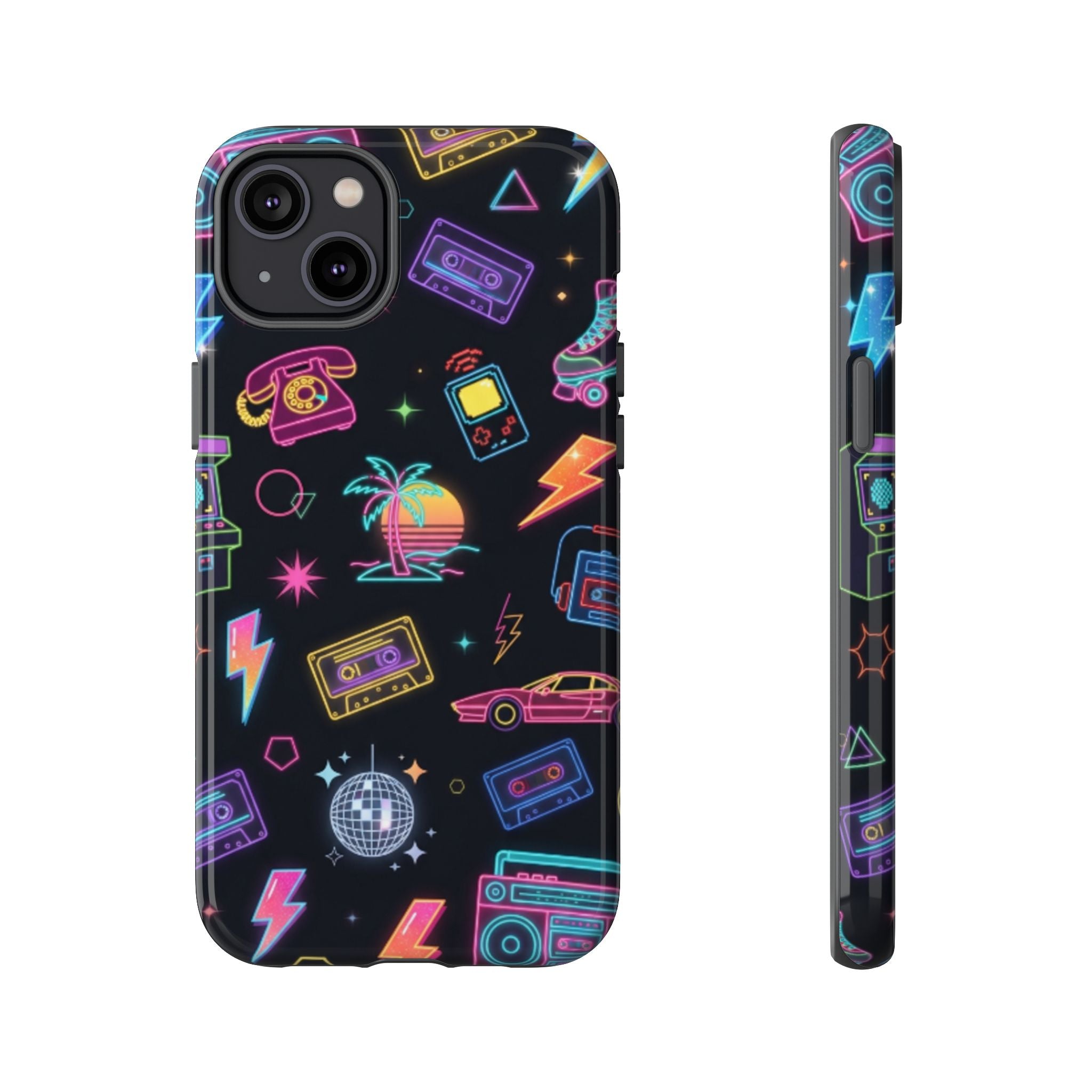 Retro Neon 80s Phone Case — Cassette, Roller Skate & Palm Tree Pattern