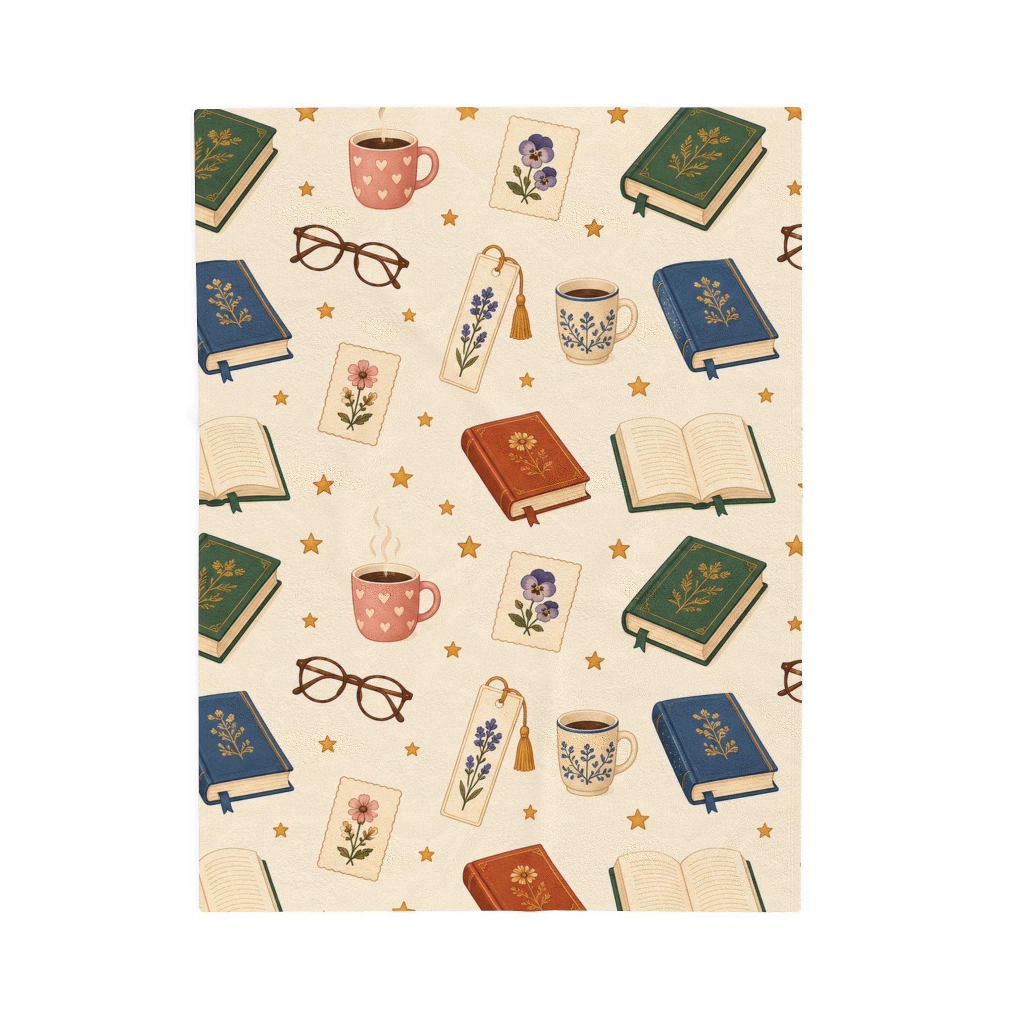 Reading Nook Velveteen Plush Blanket — Cozy Book & Tea Pattern Throw