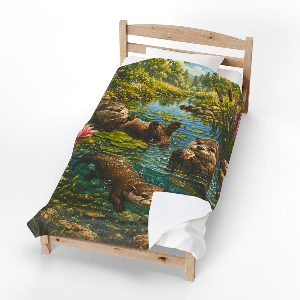 Otter Pond Velveteen Plush Blanket — Cozy Floral River Animal Throw