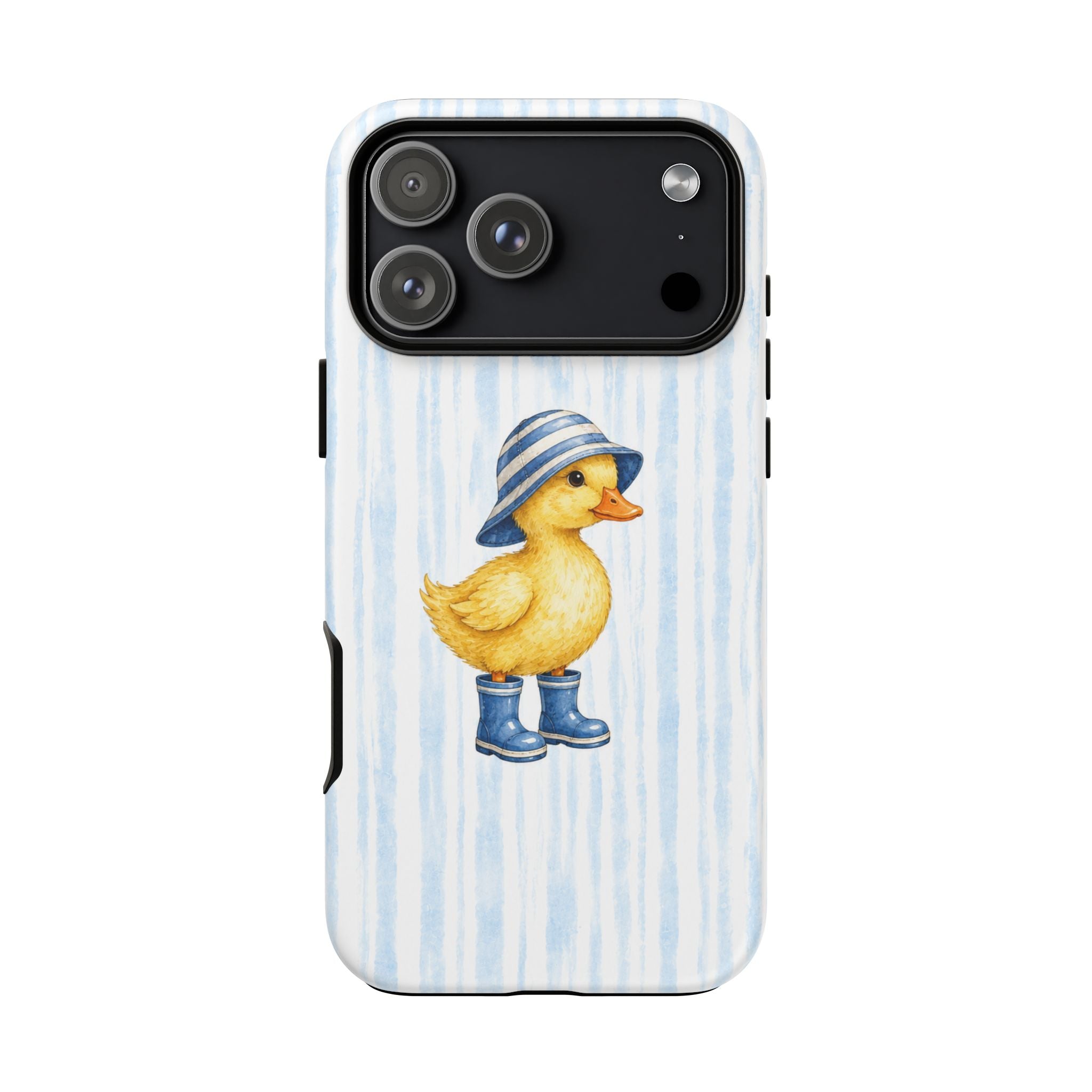 Cute Duckling Phone Case – Baby Blue Stripes with Duck in Hat & Boots