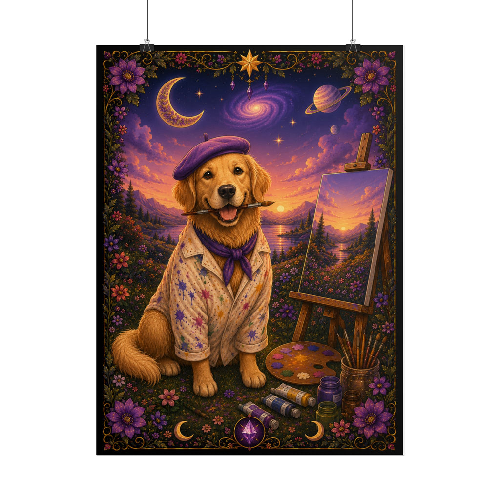 Artist Golden Retriever Poster — Cute Dog Painter Art Print for Home Decor