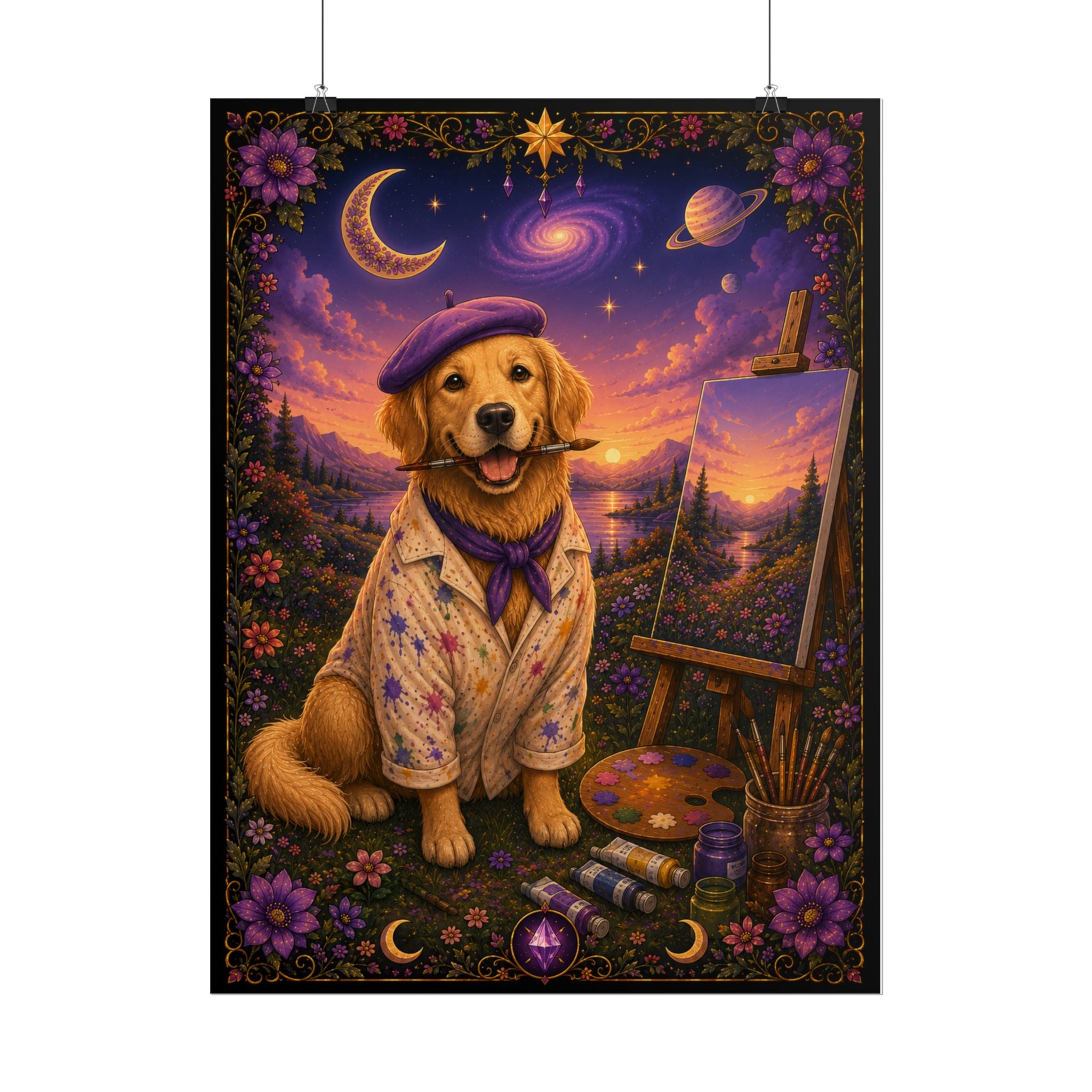 Artist Golden Retriever Poster — Cute Dog Painter Art Print for Home Decor