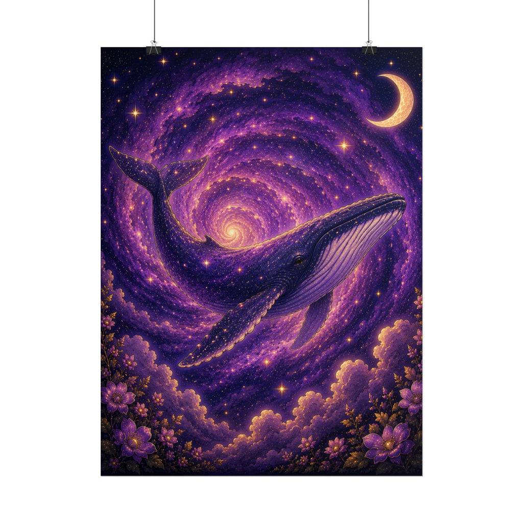 Whale Galaxy Poster — Purple Crescent Moon Cosmic Art Print