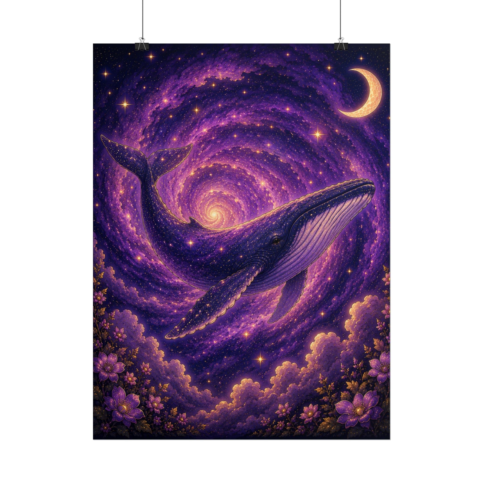 Whale Galaxy Poster — Purple Crescent Moon Cosmic Art Print