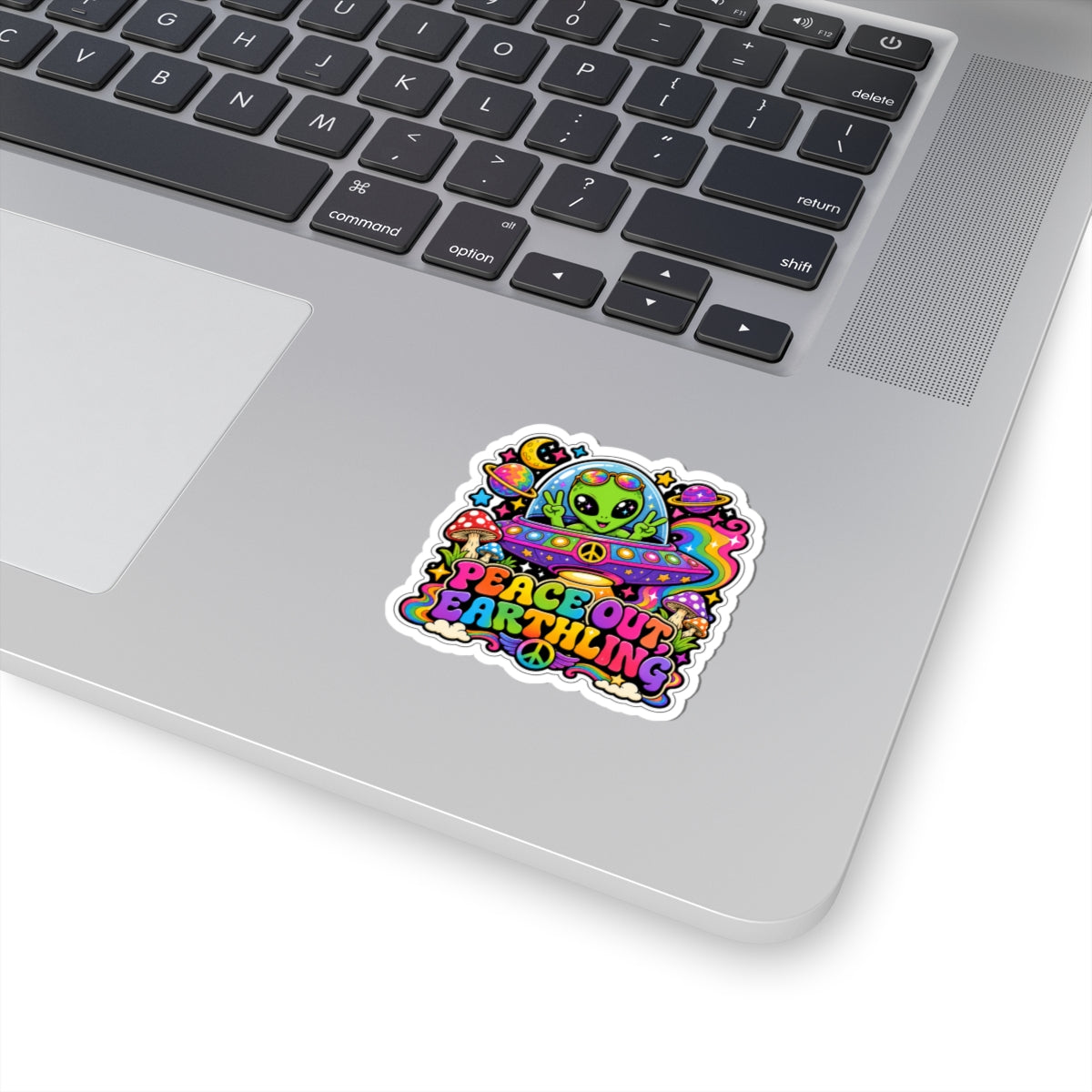Peace Out Earthling Alien Sticker — Colorful Psychedelic UFO Kiss-Cut Sticker
