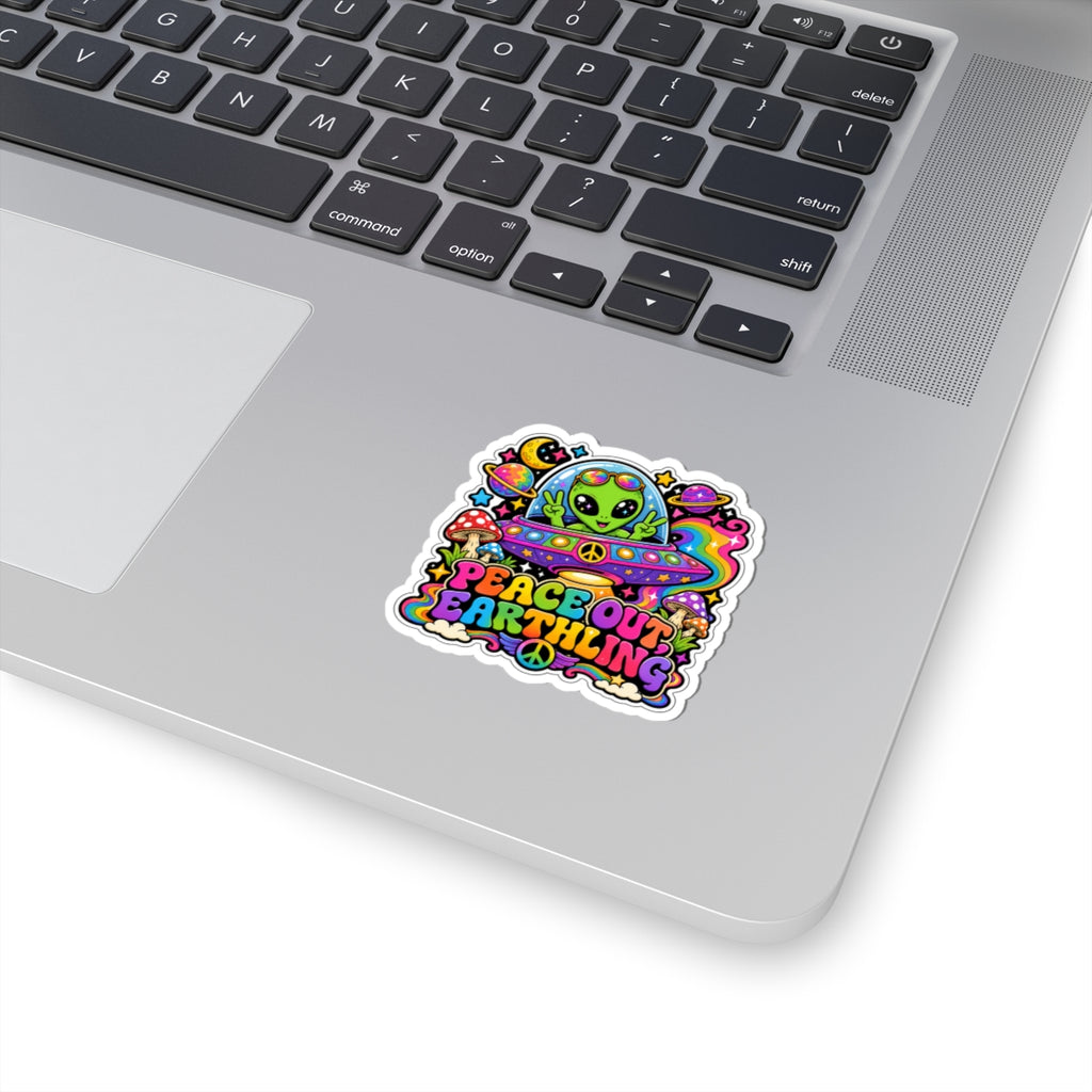 Peace Out Earthling Sticker — Retro Psychedelic Alien Kiss-Cut Vinyl