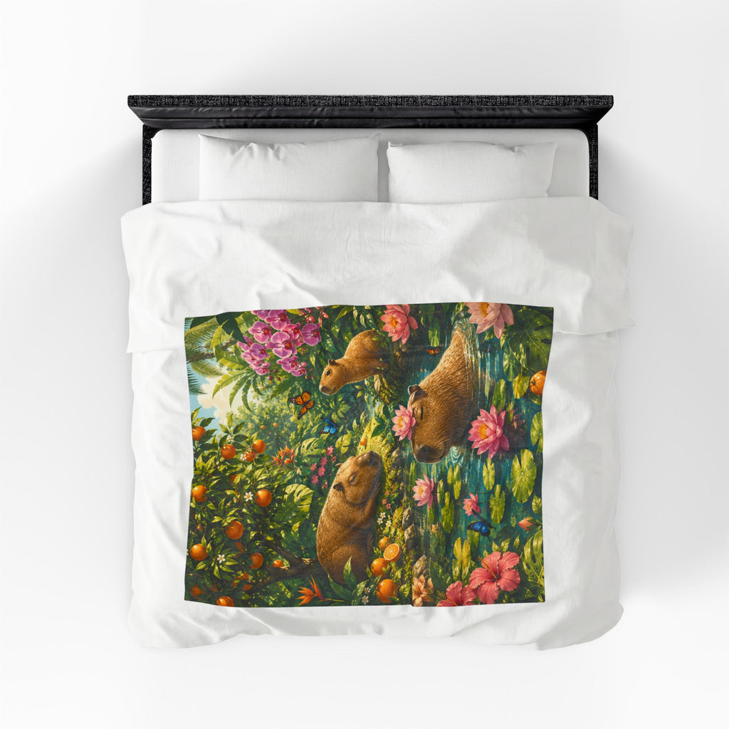 Capybara Garden Velveteen Plush Blanket — Tropical Floral Cozy Throw