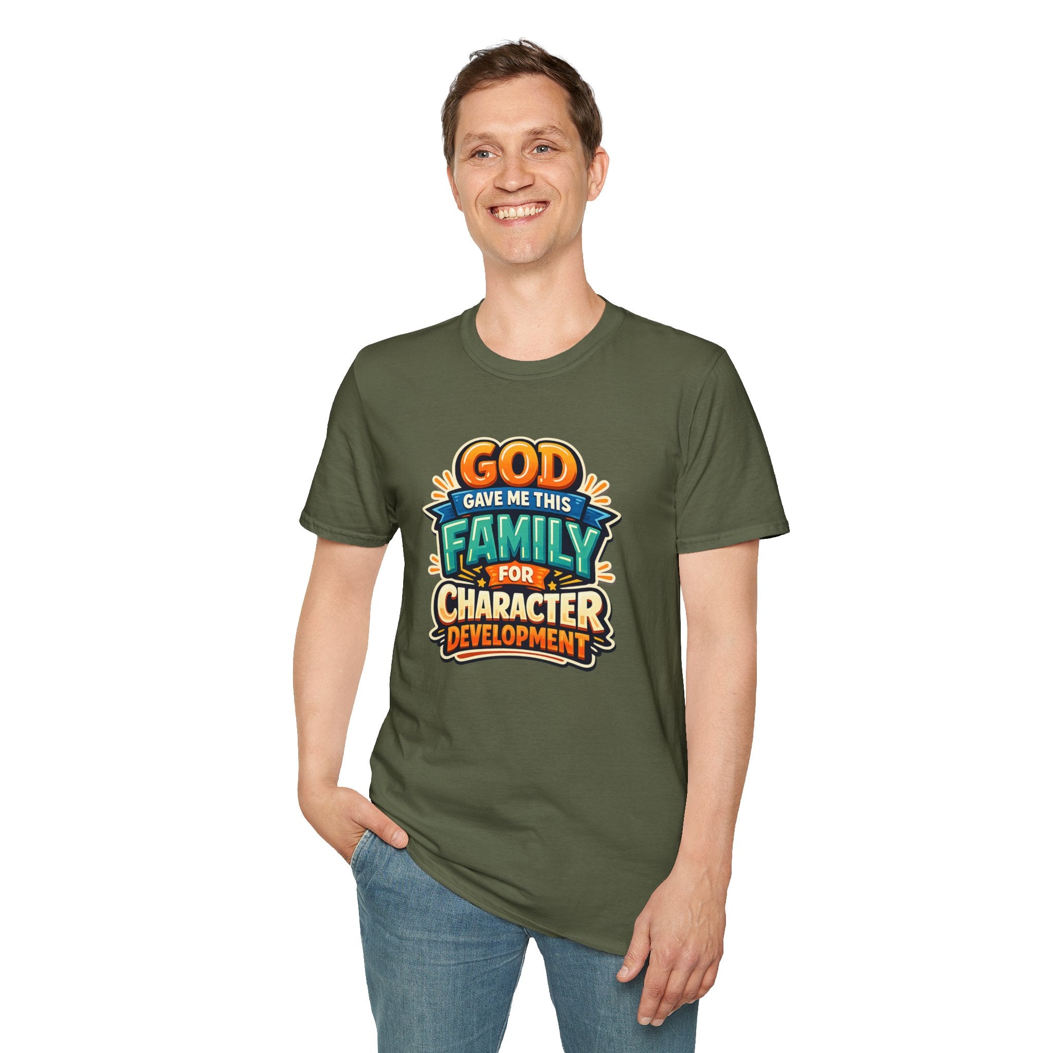 “God Gave Me This Family for Character Development” Funny Christian Graphic Gift Tee
