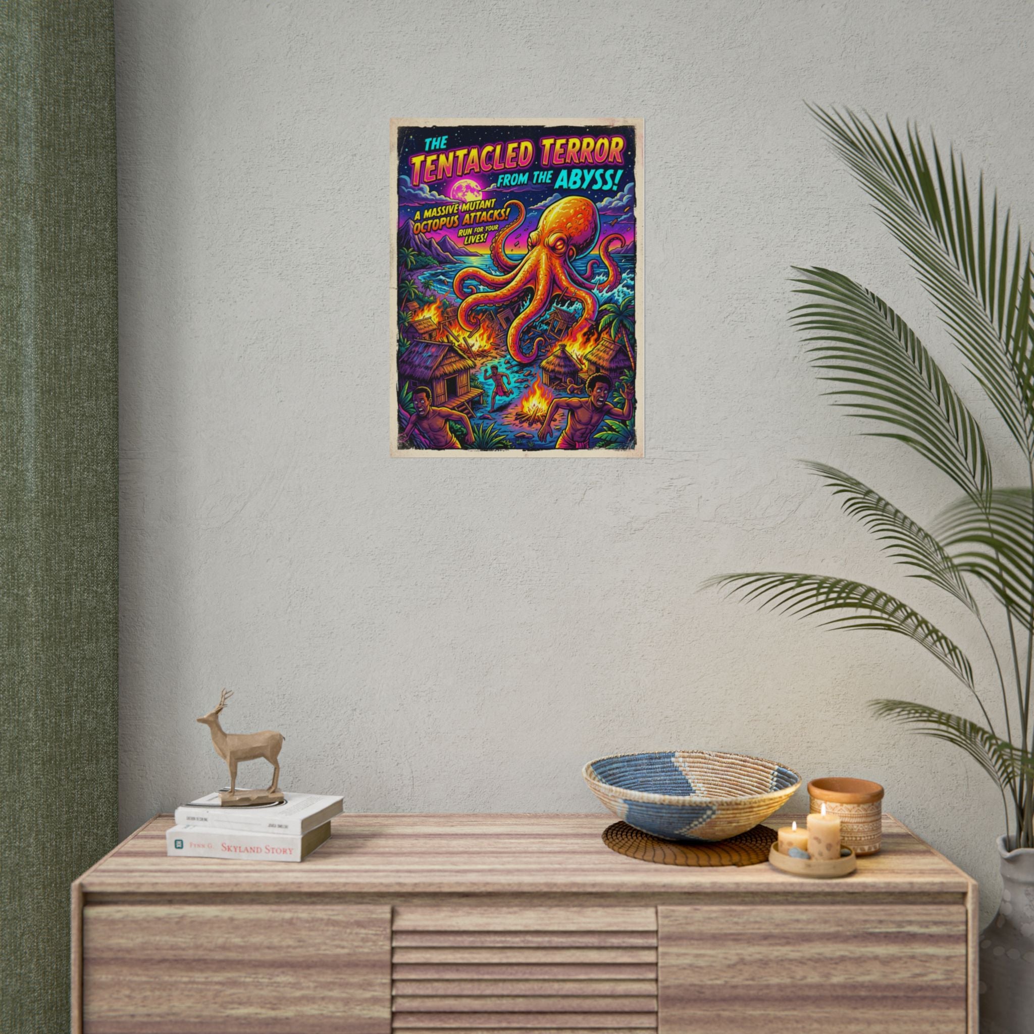 Tentacled Terror Neon Pop Art Poster — Retro Monster Movie Art Print