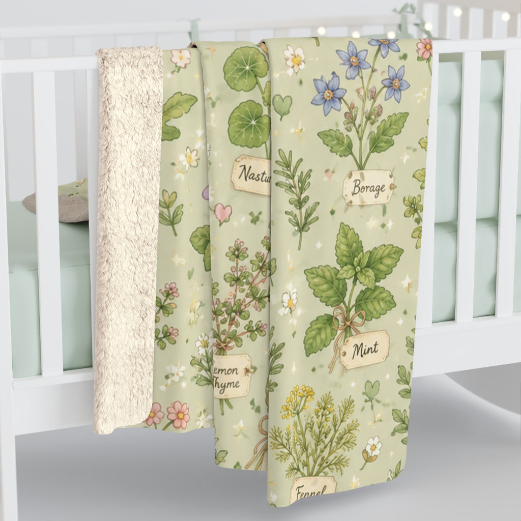 Pastel Herbal Garden Sherpa Blanket — Botanical Labeled Herbs Fleece Throw