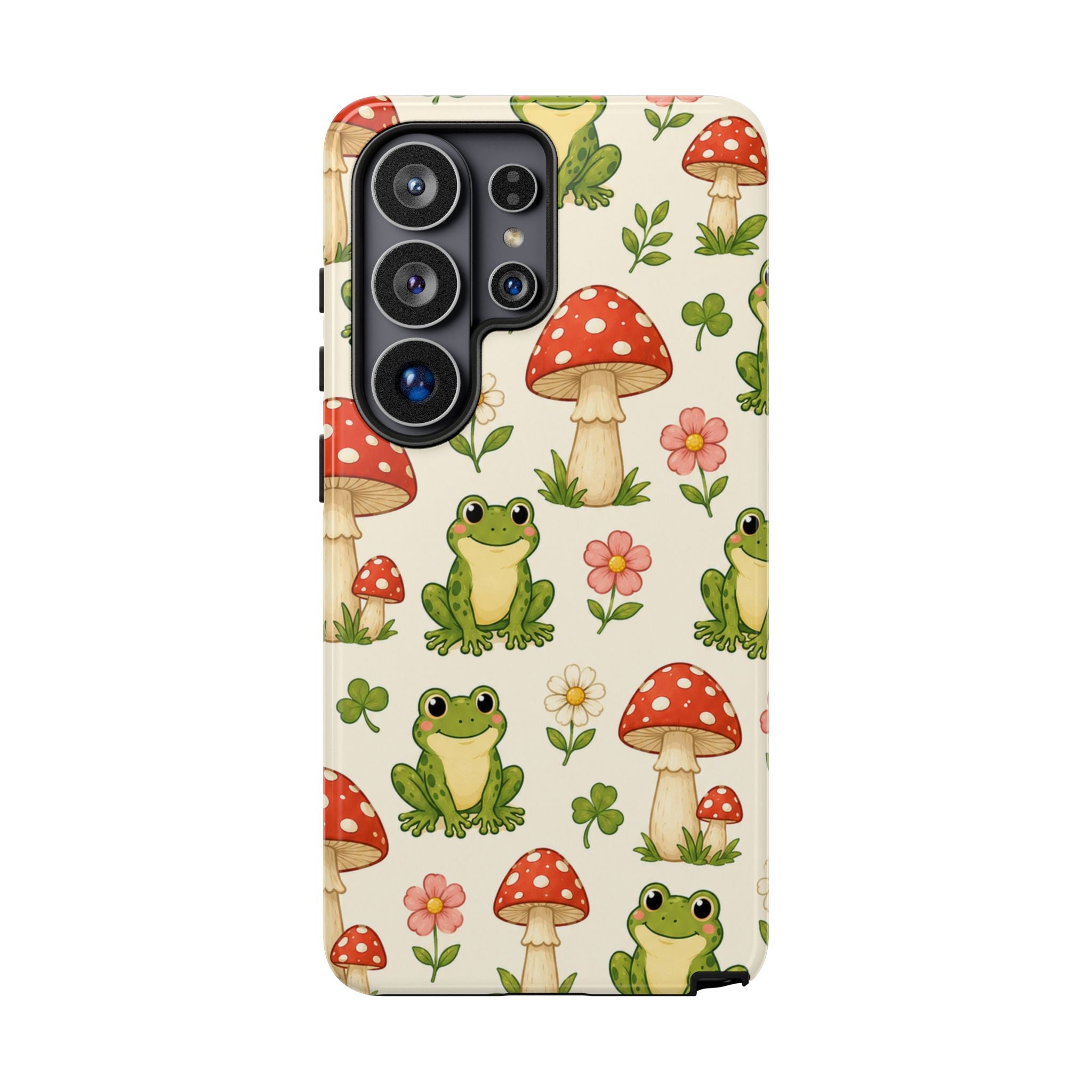 Kawaii Frog & Red Capped Mushroom Phone Case – Cute Nature Pattern Protective Cover