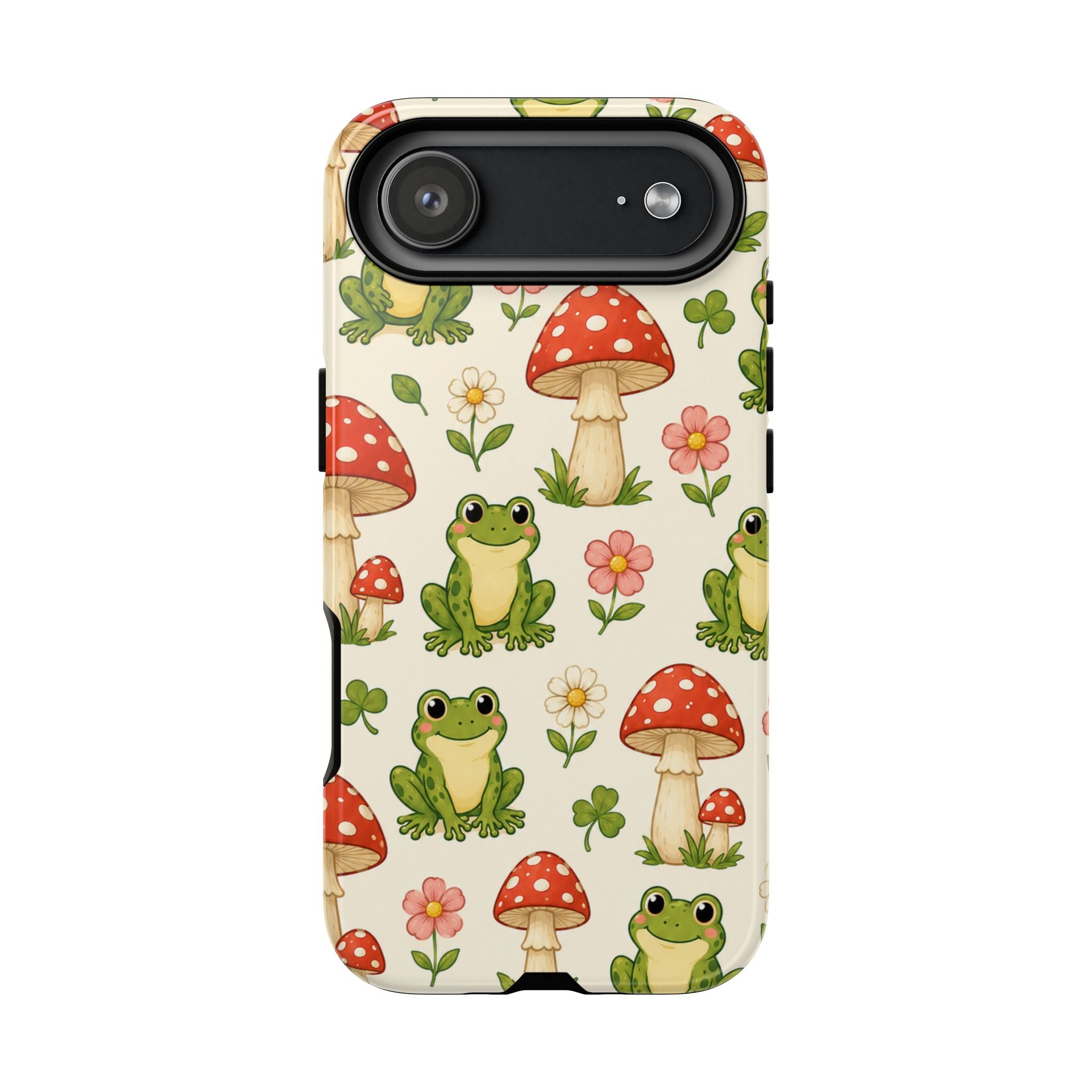 Kawaii Frog & Red Capped Mushroom Phone Case – Cute Nature Pattern Protective Cover