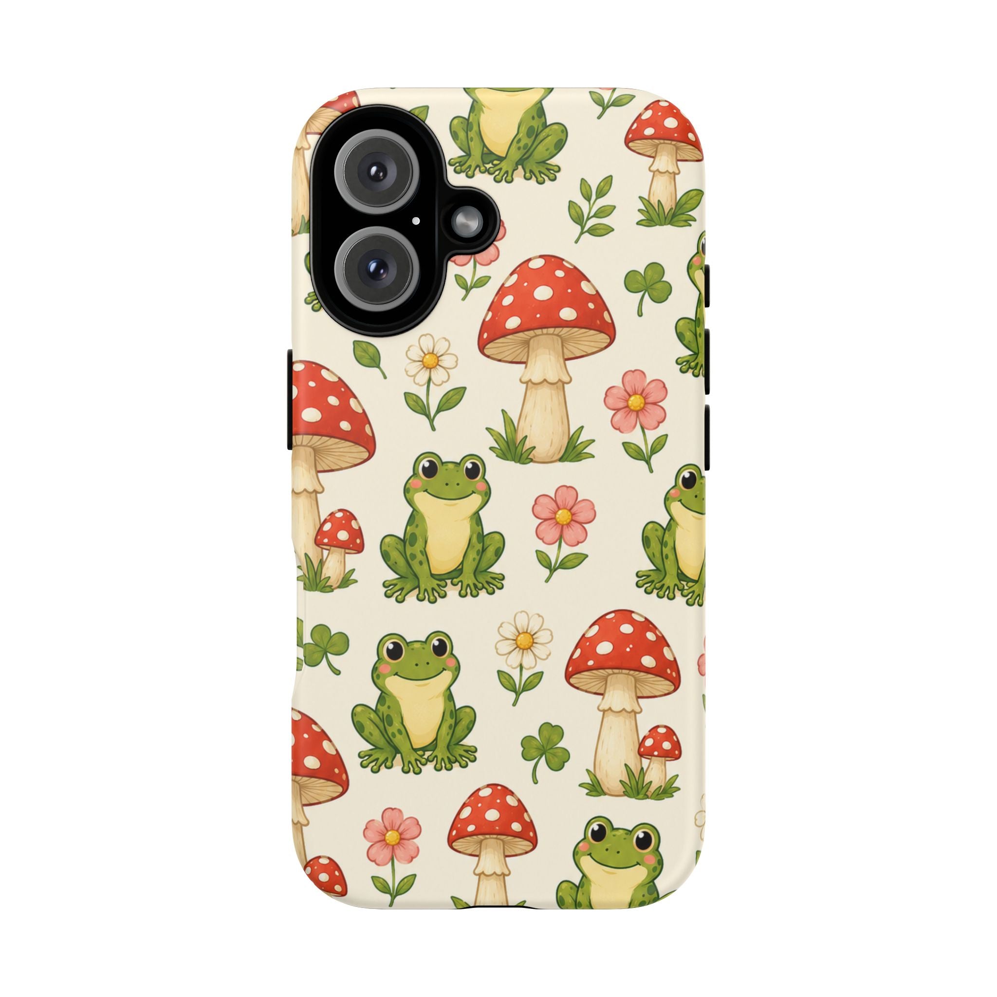 Kawaii Frog & Red Capped Mushroom Phone Case – Cute Nature Pattern Protective Cover