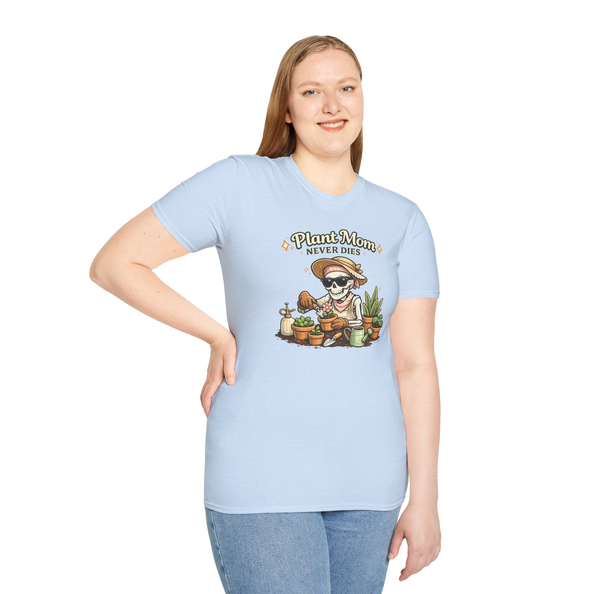 Plant Mom T-Shirt — "Plant Mom Never Dies" Skeleton Gardener Tee