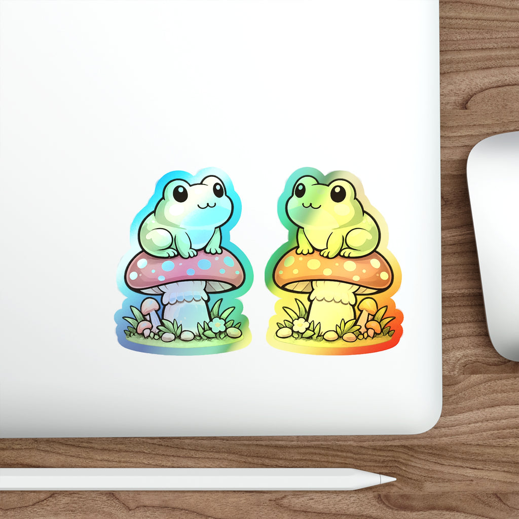 Holographic Frog on Mushroom Die-Cut Sticker — Cute Kawaii Vinyl Decal