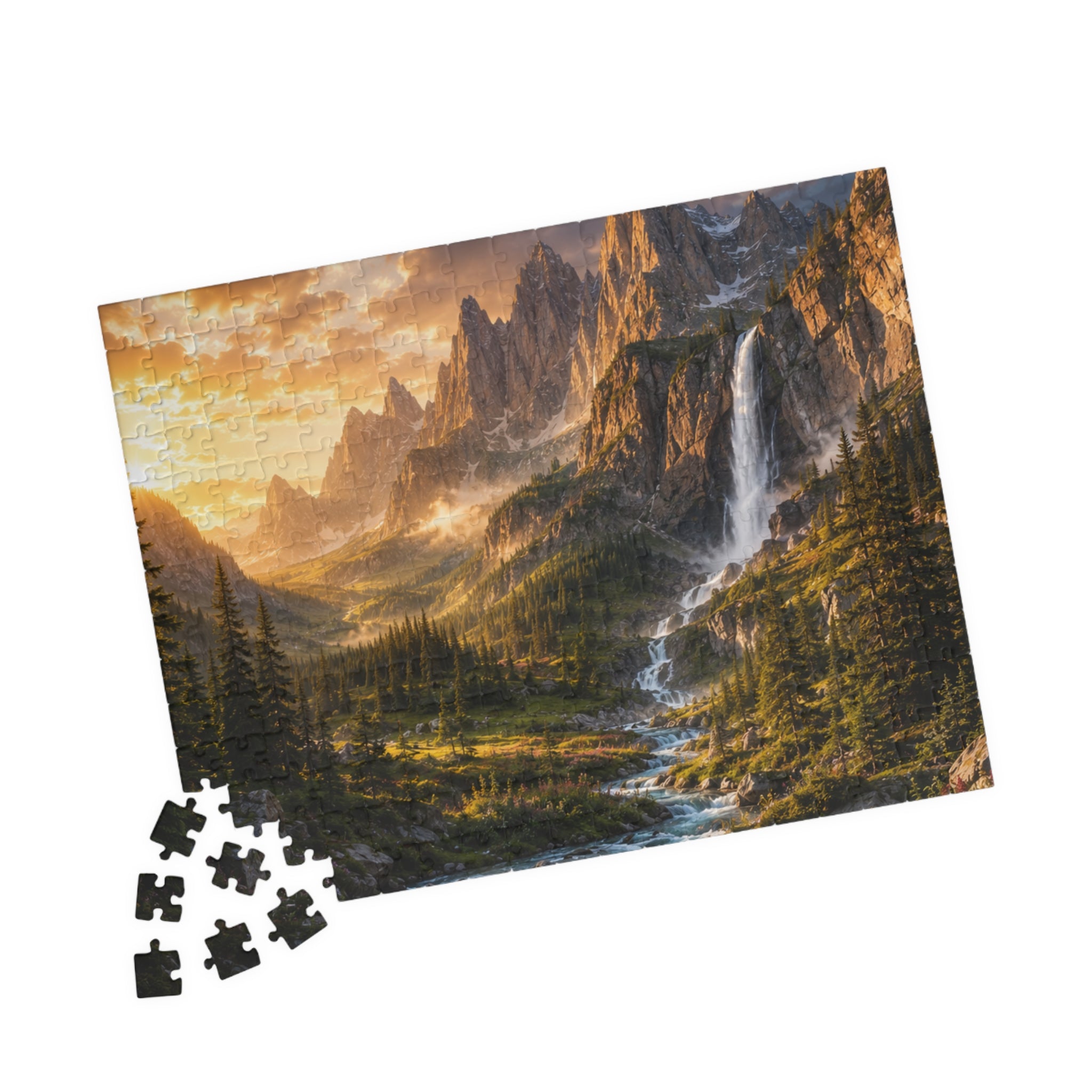 Mountain Valley Waterfall Jigsaw Puzzle — Scenic Nature Landscape Puzzle (110/252/520/1014 pcs)